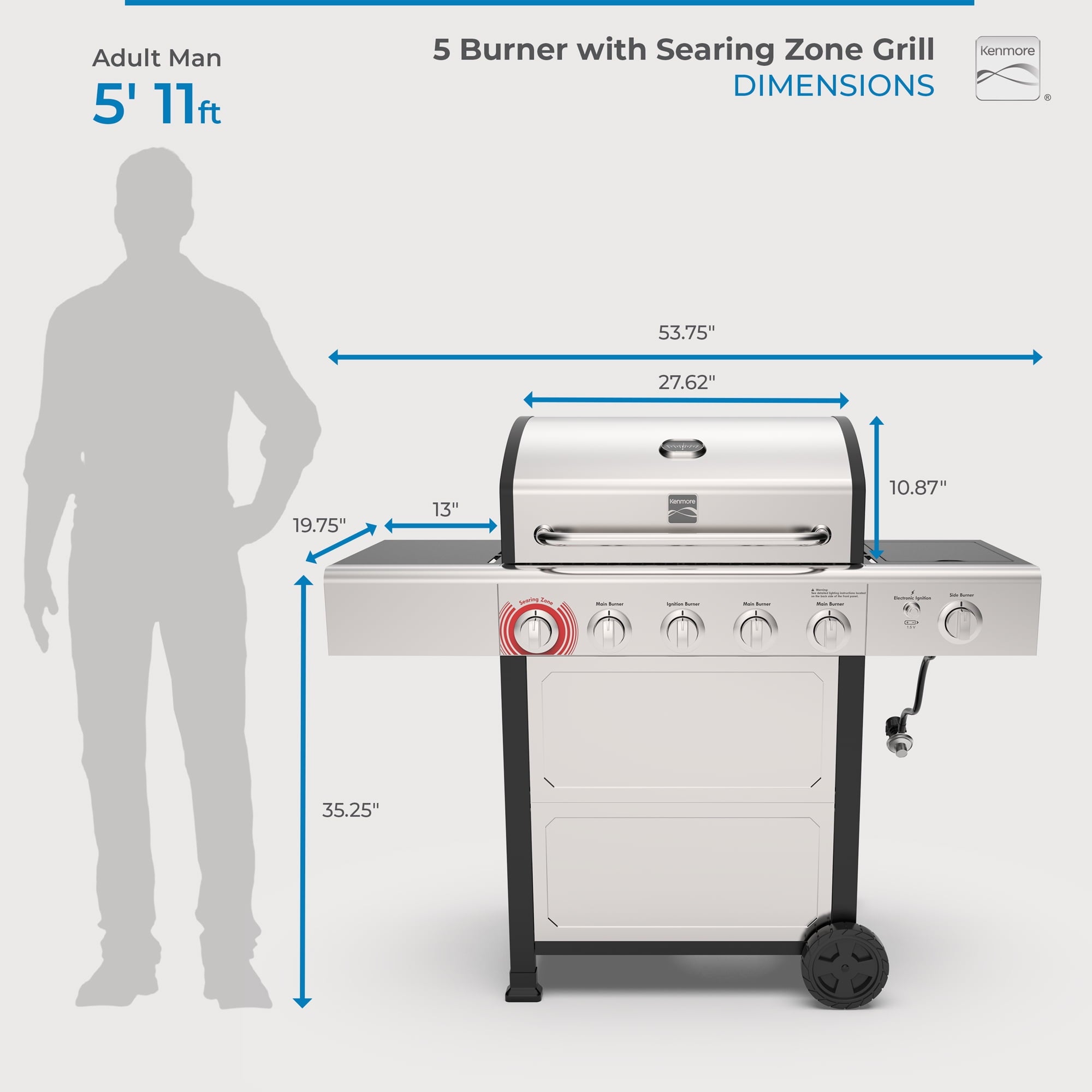 Kenmore 4-Burner Outdoor Propane Gas Grill with Side Burner, Open Cart, Stainless Steel
