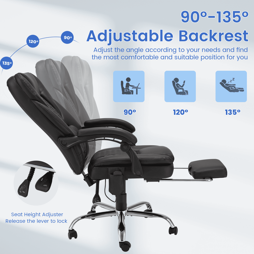 HOMREST Ergonomic Office Chair with 6-Point Massage & Heating, Adjustable Executive Desk Chair with Retractable Footrest, PU Leather Home Office Desk Chair for Home & Office (Black)