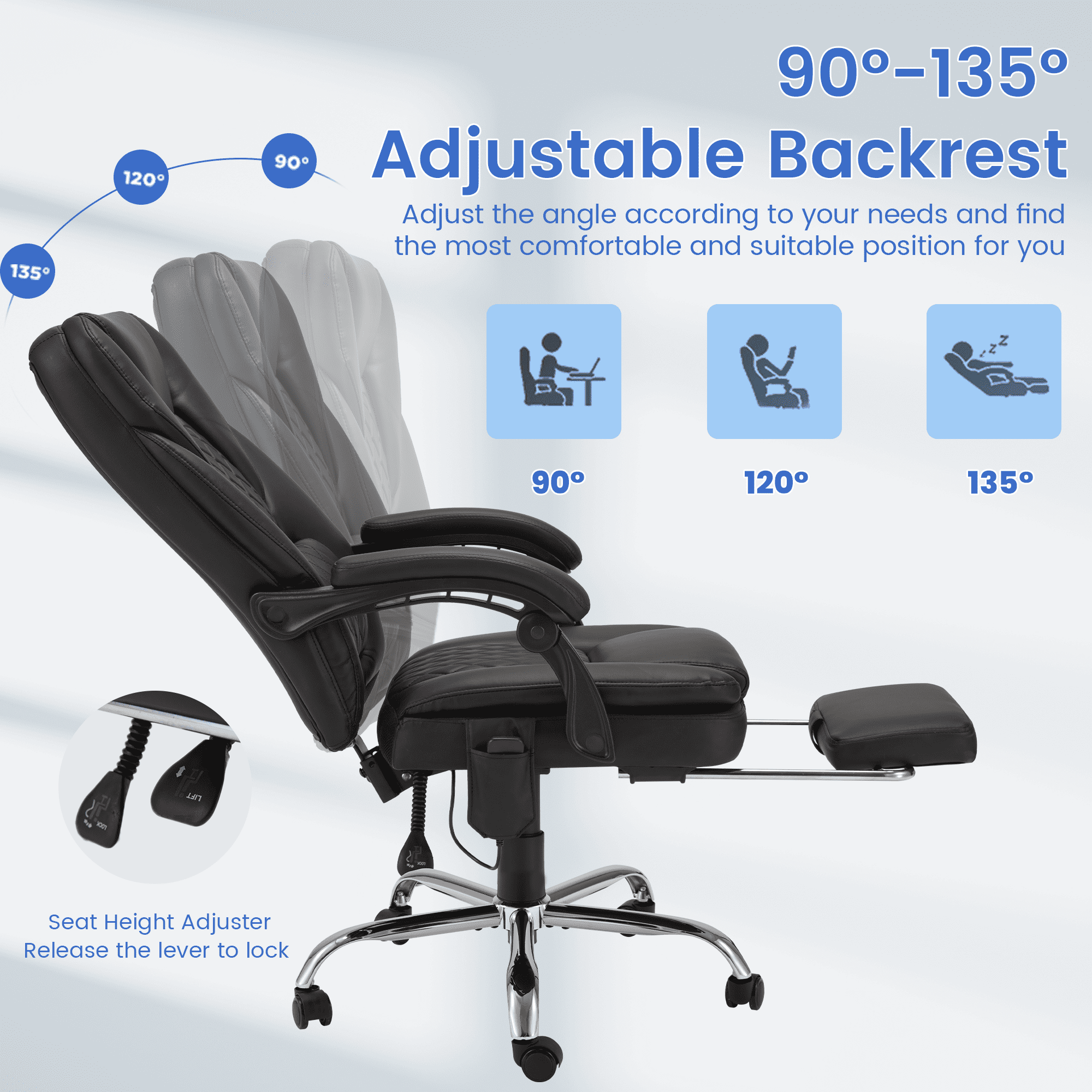 HOMREST Ergonomic Office Chair with 6-Point Massage & Heating, Adjustable Executive Desk Chair with Retractable Footrest, PU Leather Home Office Desk Chair for Home & Office (Black)