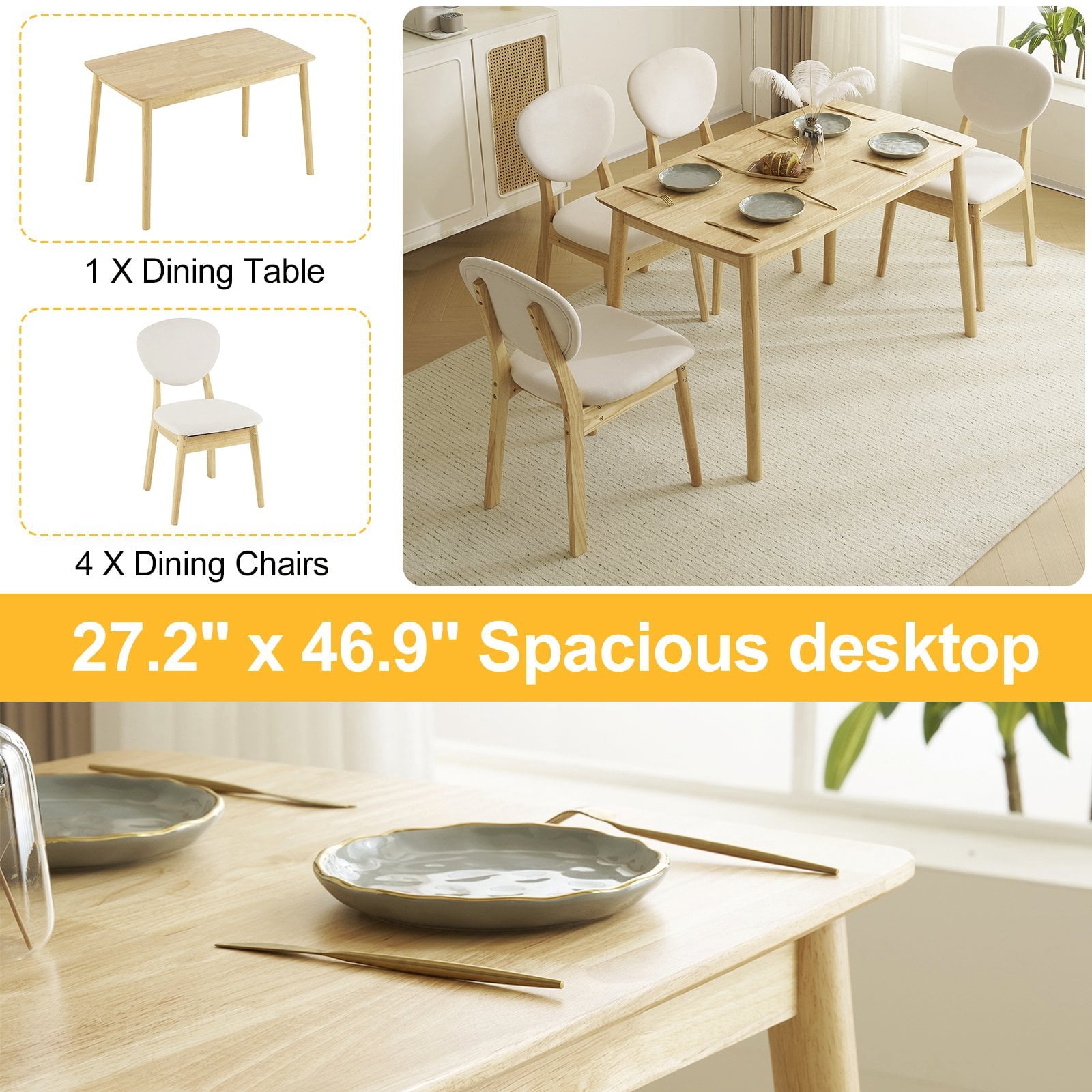Ktaxon Dining Table Set for 4 Solid Wood Dinner Table with Padded Chairs for Home Kitchen Restaurant 47 Wood Color