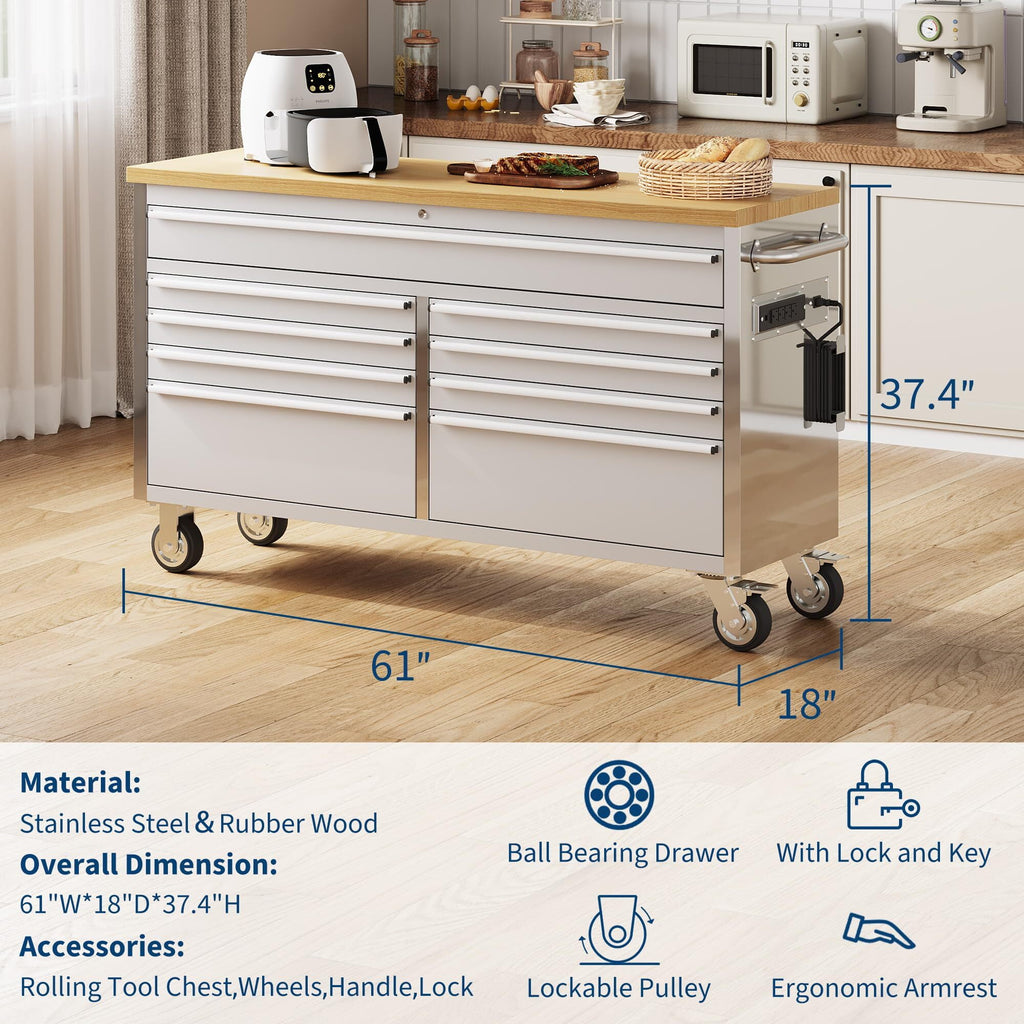 Garvee 61 Tool Chest, Rolling Workbenches with 9 Drawers and Pre-Installed Power Strip for Garage, Workshop, Kitchen