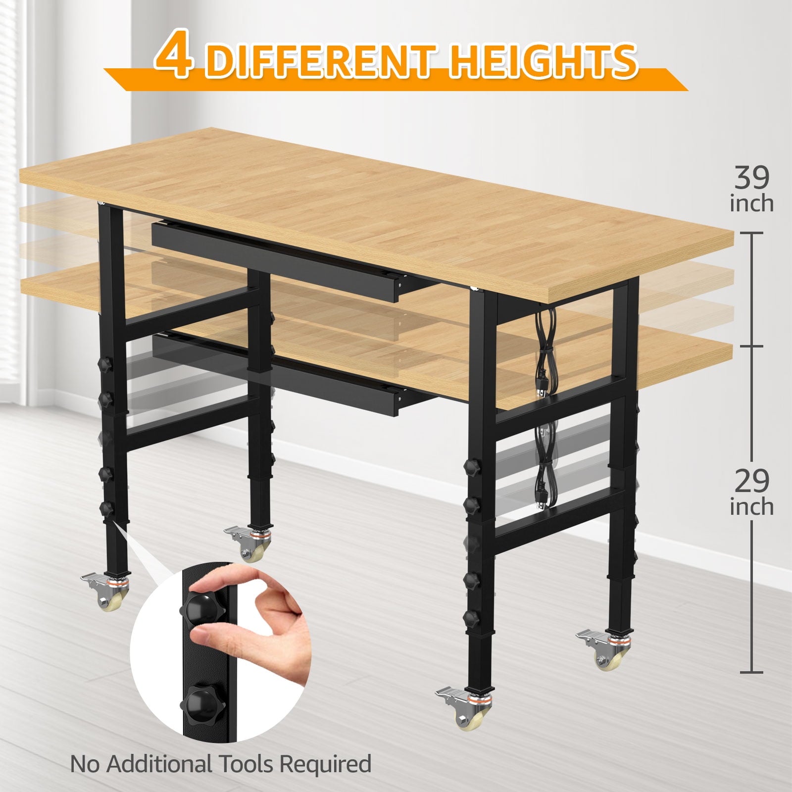 60 Adjustable Workbench,Heavy-Duty Work Table,3000 LBS Load Capacity Hardwood Workstation Outlets with Power strips and Wheels,for Workshop, Garage