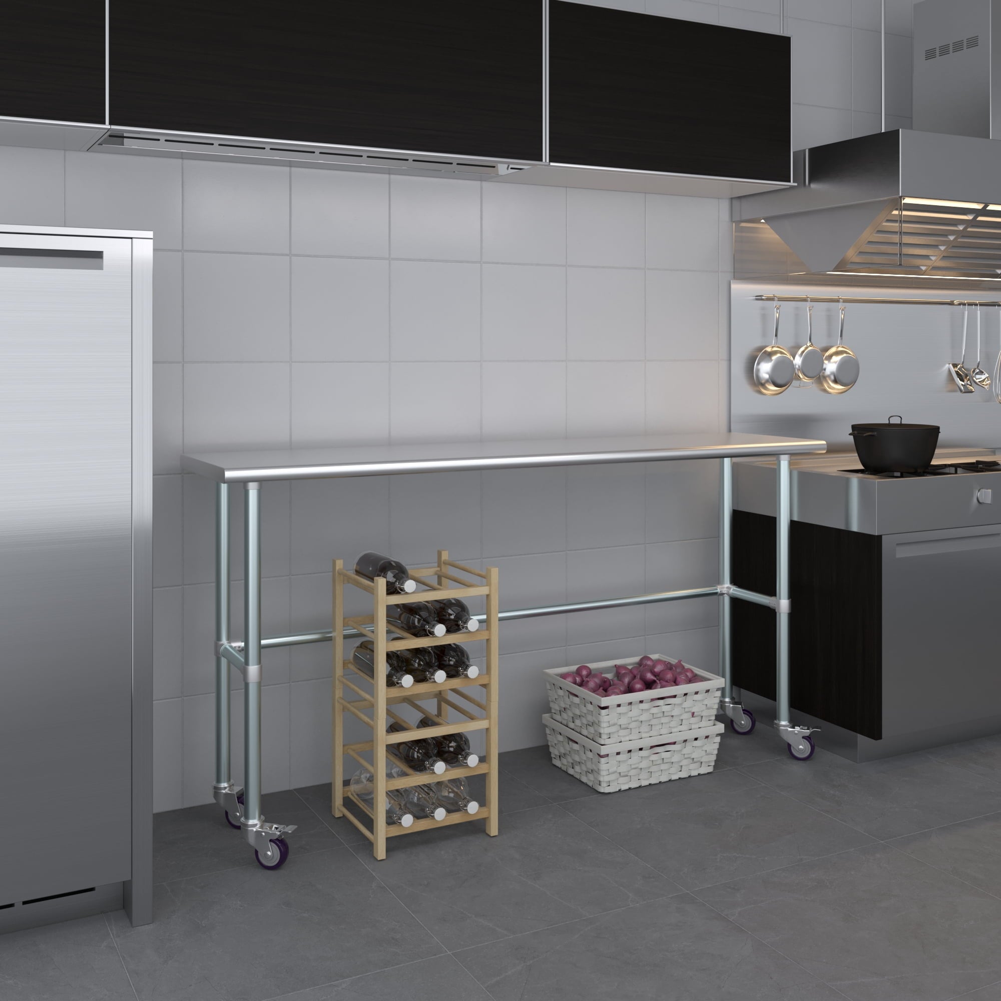 AmGood 36 Long x 30 Deep Stainless-Steel Work Table with Open Base and Wheels, Mobile Metal Table
