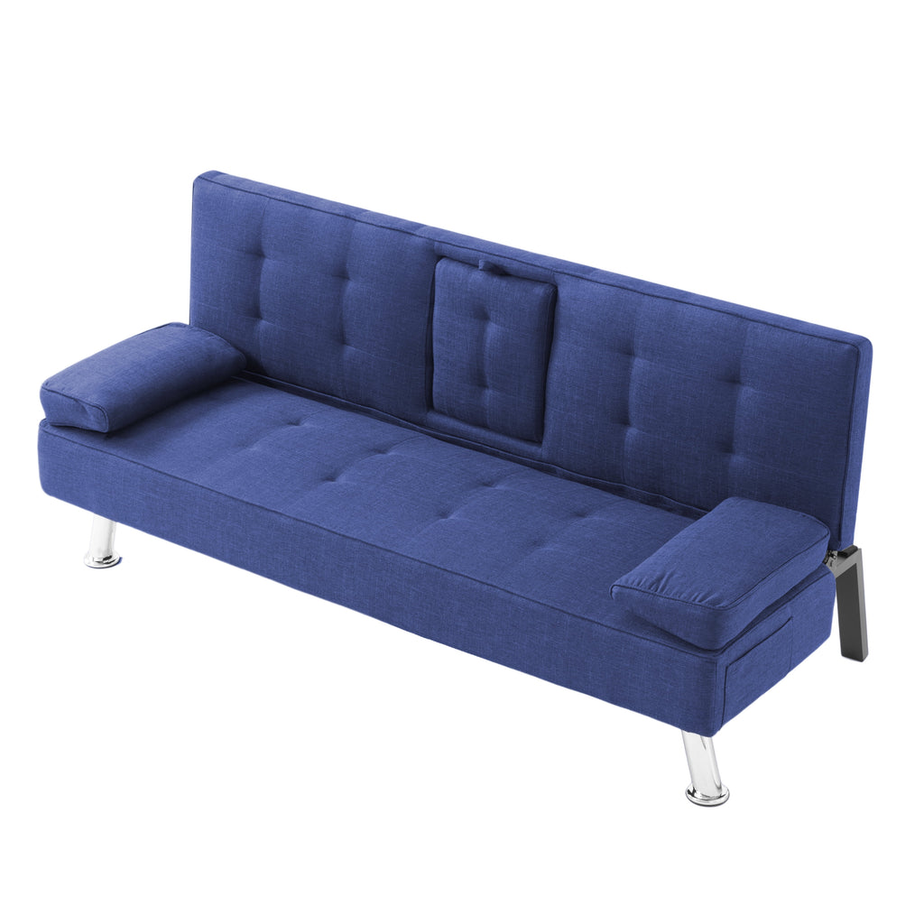 BSHTI 65 Modern Velvet Futon Sofa Bed with Drop Down Cup Holders, 3-Position Adjustable Backrest, Removable Arm Cushions, Chrome Legs for Living Room & Guest Room Black