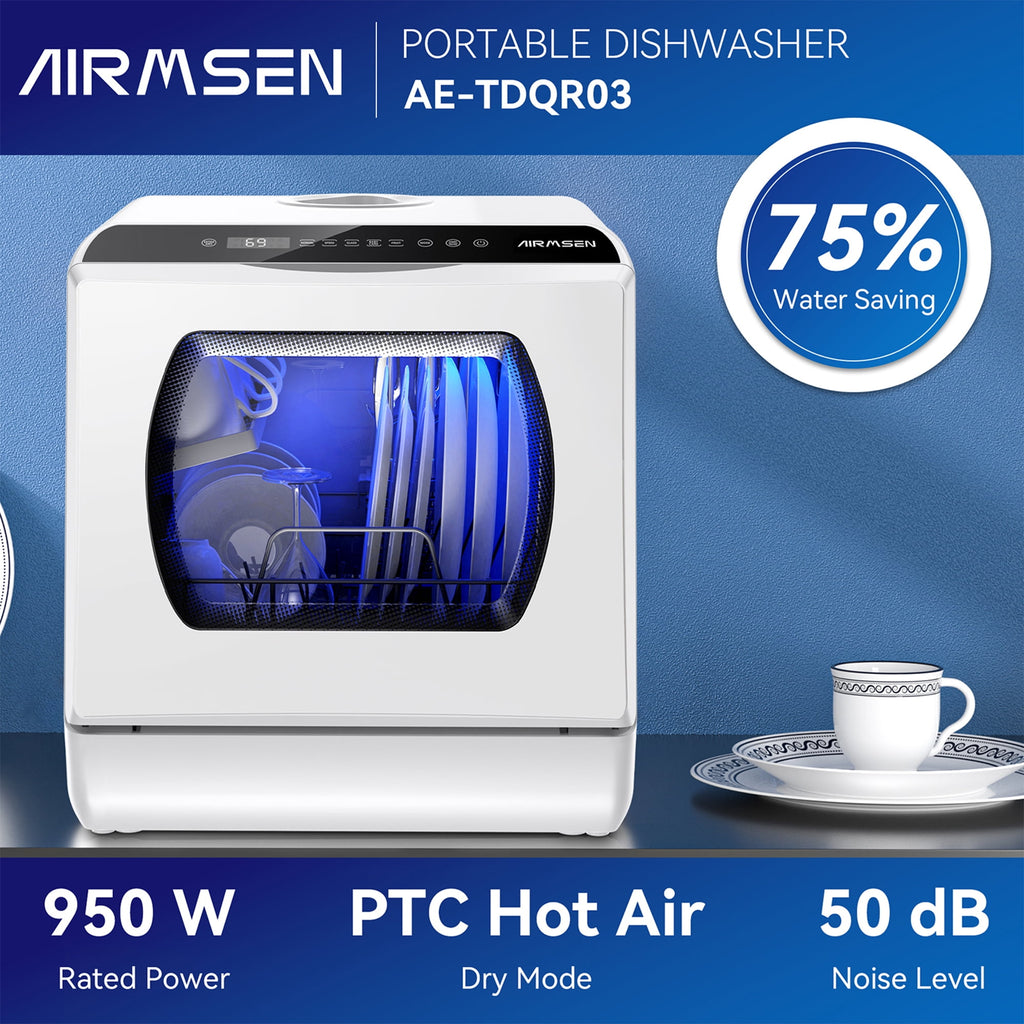 AIRMSEN Portable Countertop Dishwasher with 5-Liter Built-in Water Tank and Air-Dry Function, 5 Washing Programs Mini Dishwasher, AE-TDQR03