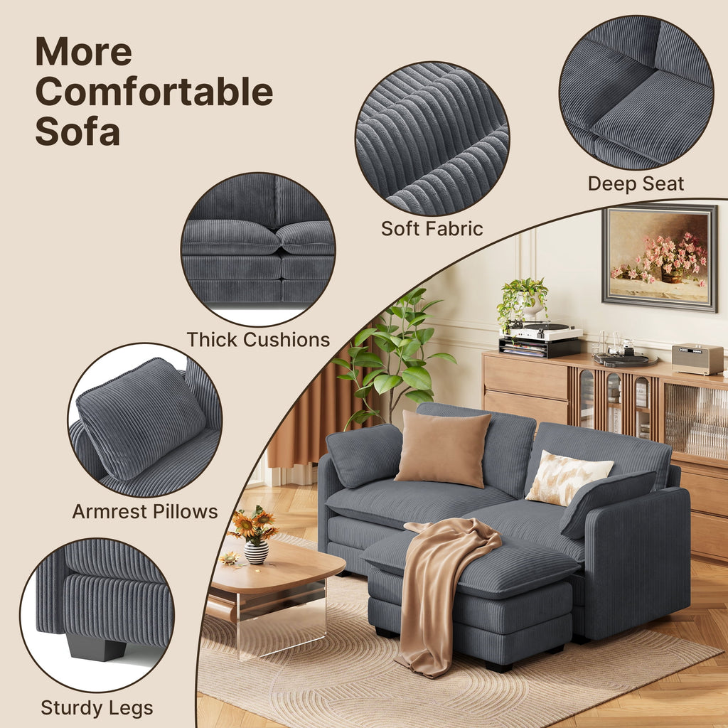 75’’ Cloud Couches for Living Room, Noelse L Shaped Modular Sofa with Deep Seats, 2 Seater Love Seat Couch with Removable Washable Corduroy Fabric for Living Room Bedroom and Apartment, Gray