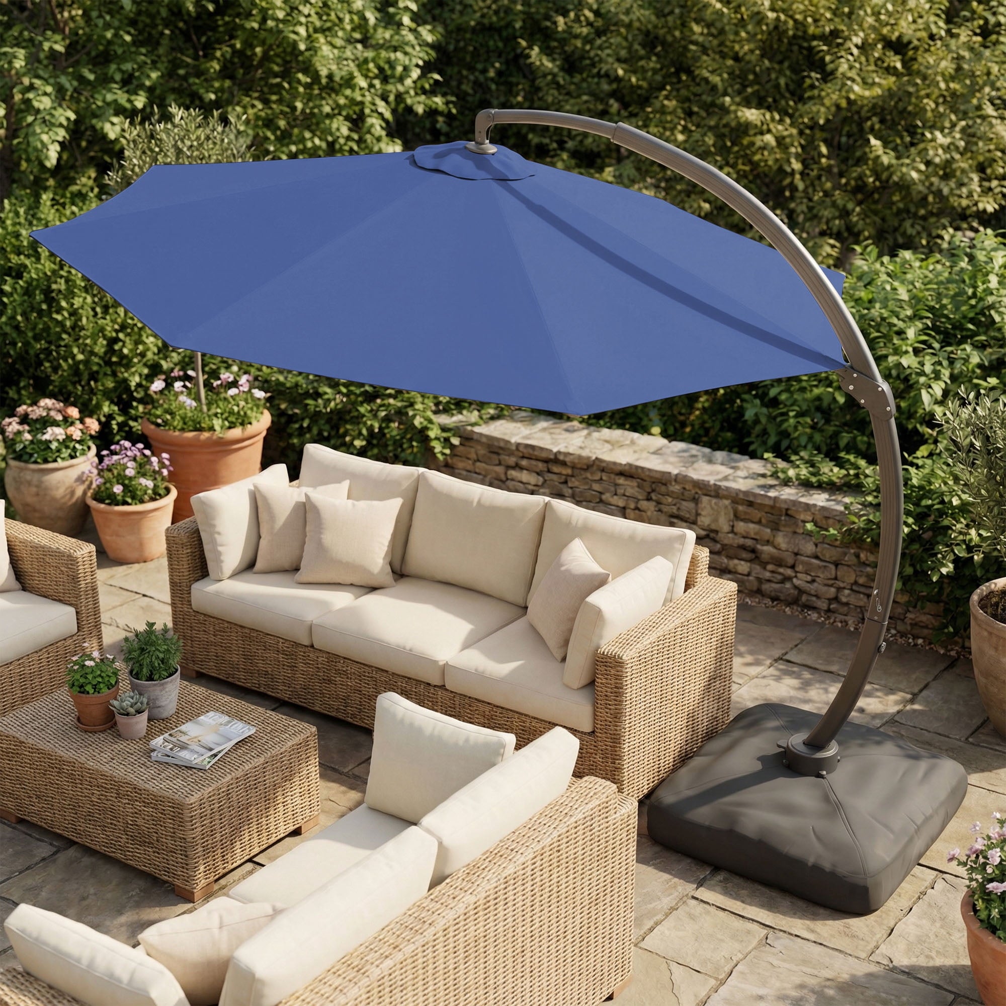 LAZZO 12ft Outdoor Patio Umbrella with Base and Lights, Aluminum Offset Cantilever Umbrella for Pool Deck, Champagne