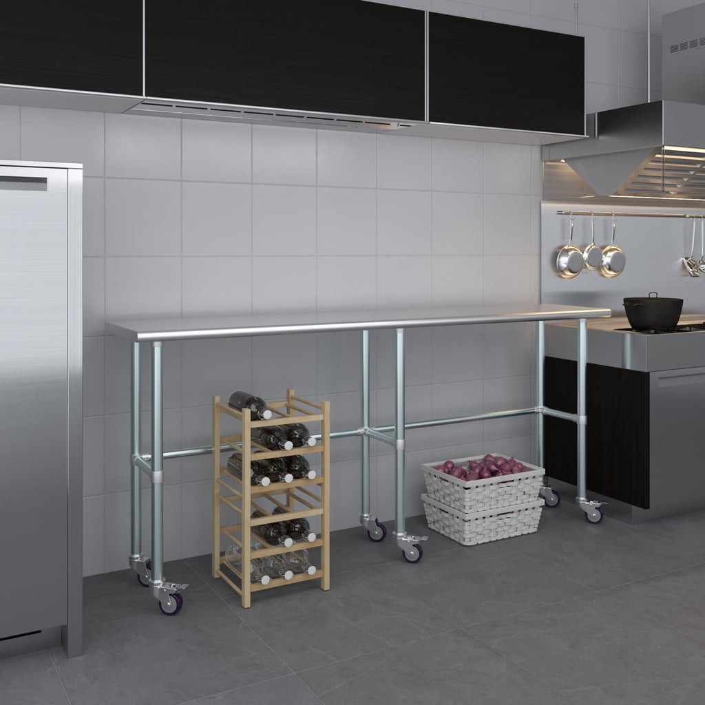 AmGood 36 Long x 30 Deep Stainless-Steel Work Table with Open Base and Wheels, Mobile Metal Table