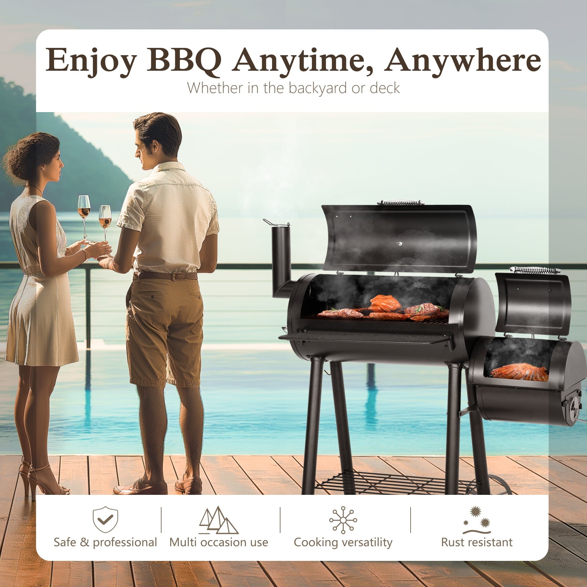 Alpha Joy Steel BBQ Charcoal Grill with Offset Smoker in Black
