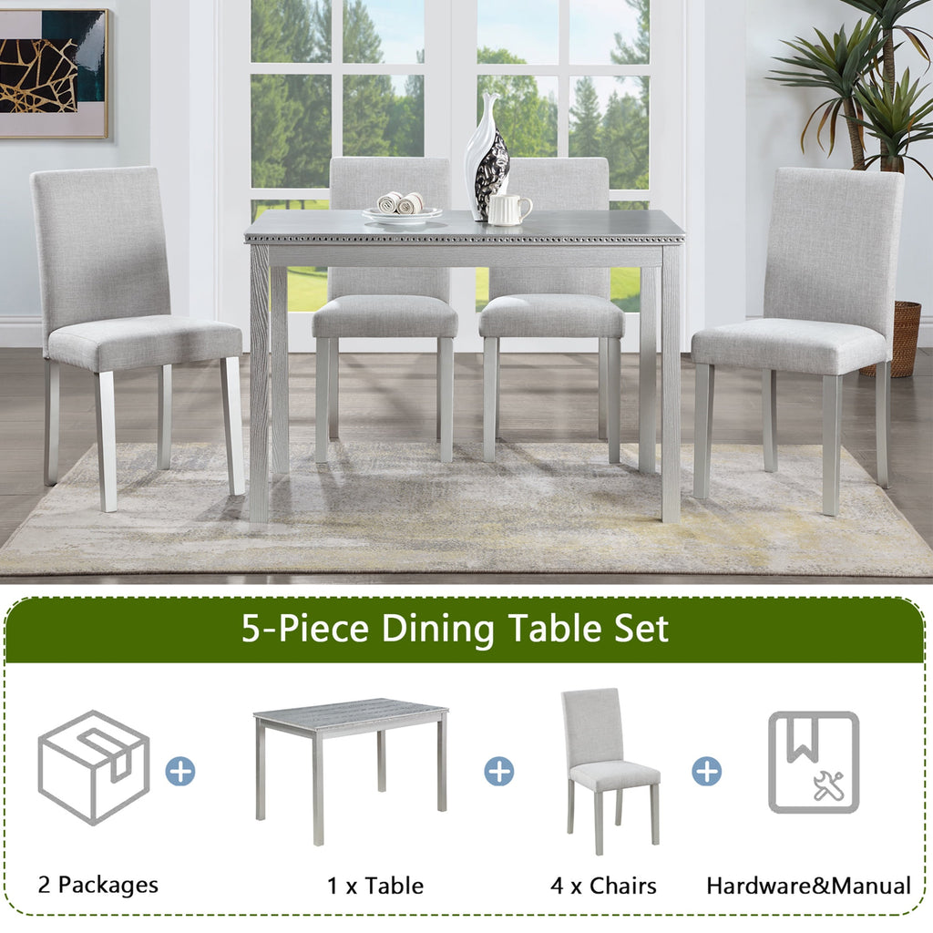 UHOMEPRO 5 Piece Dining Table Set, Modern Dining Table Sets with Rectangular Table and 4 Fabric Upholstered Chairs, Dining Set for Kitchen and Dining Room, White