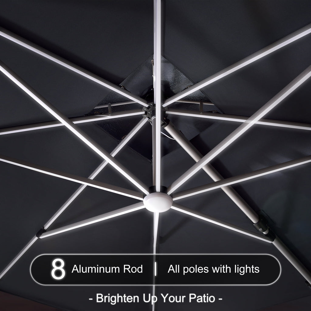 PURPLE LEAF 9 x 12FT Deluxe Rectangle Solar Powered LED Patio Umbrella with Base, Large Offset Cantilever Umbrella with 360° Rotation, Navy Blue