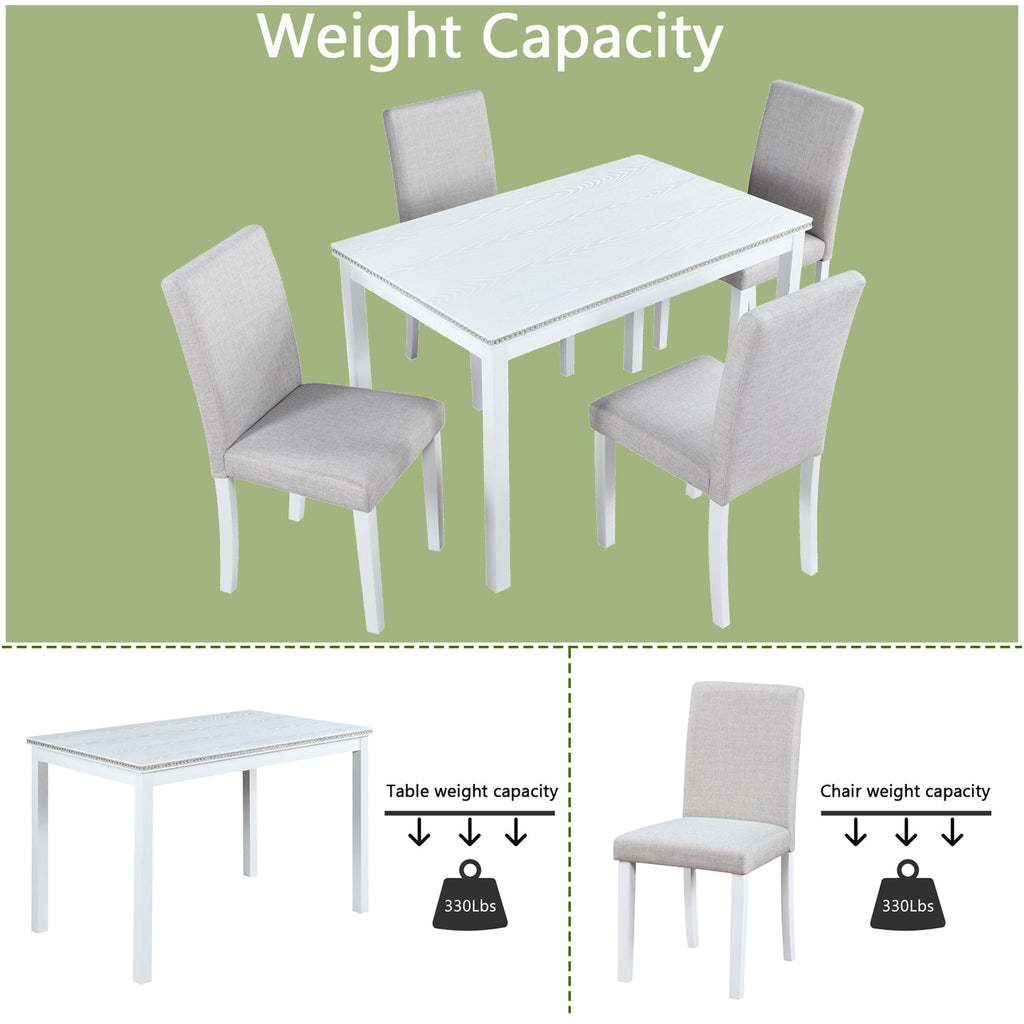 UHOMEPRO 5 Piece Dining Table Set, Modern Dining Table Sets with Rectangular Table and 4 Fabric Upholstered Chairs, Dining Set for Kitchen and Dining Room, White