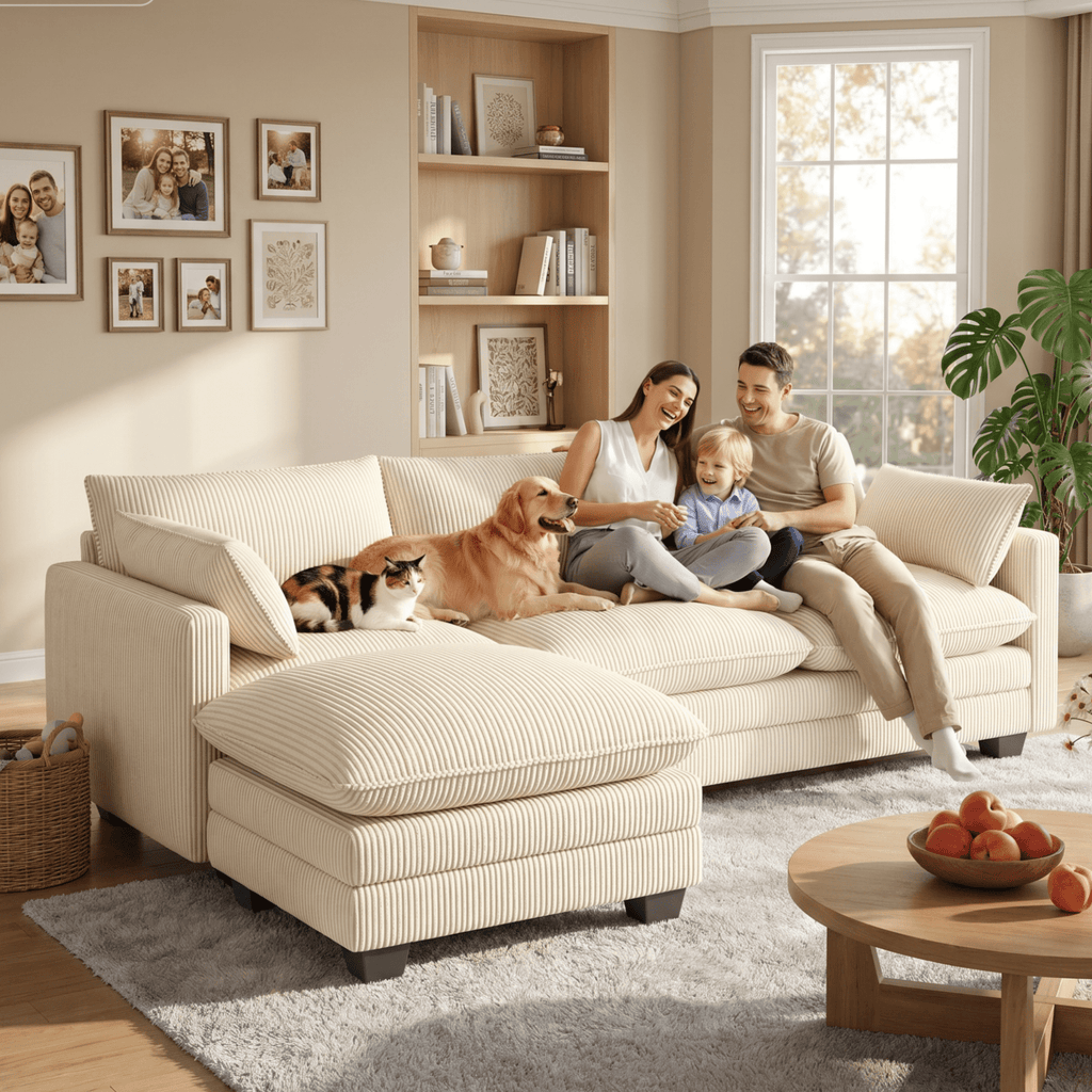 Noelse 110'' Oversized L Shaped Couch for Living Room, Cloud Couches with Washable Corduroy Cover, Modern 4-Seater Comfy Deep-Seat Sofa with Movable Ottoman and 2 Throw Pillows for Apartment, Beige