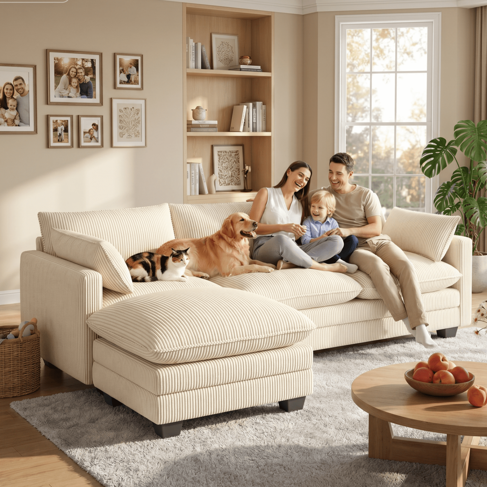 Noelse 110'' Oversized L Shaped Couch for Living Room, Cloud Couches with Washable Corduroy Cover, Modern 4-Seater Comfy Deep-Seat Sofa with Movable Ottoman and 2 Throw Pillows for Apartment, Beige