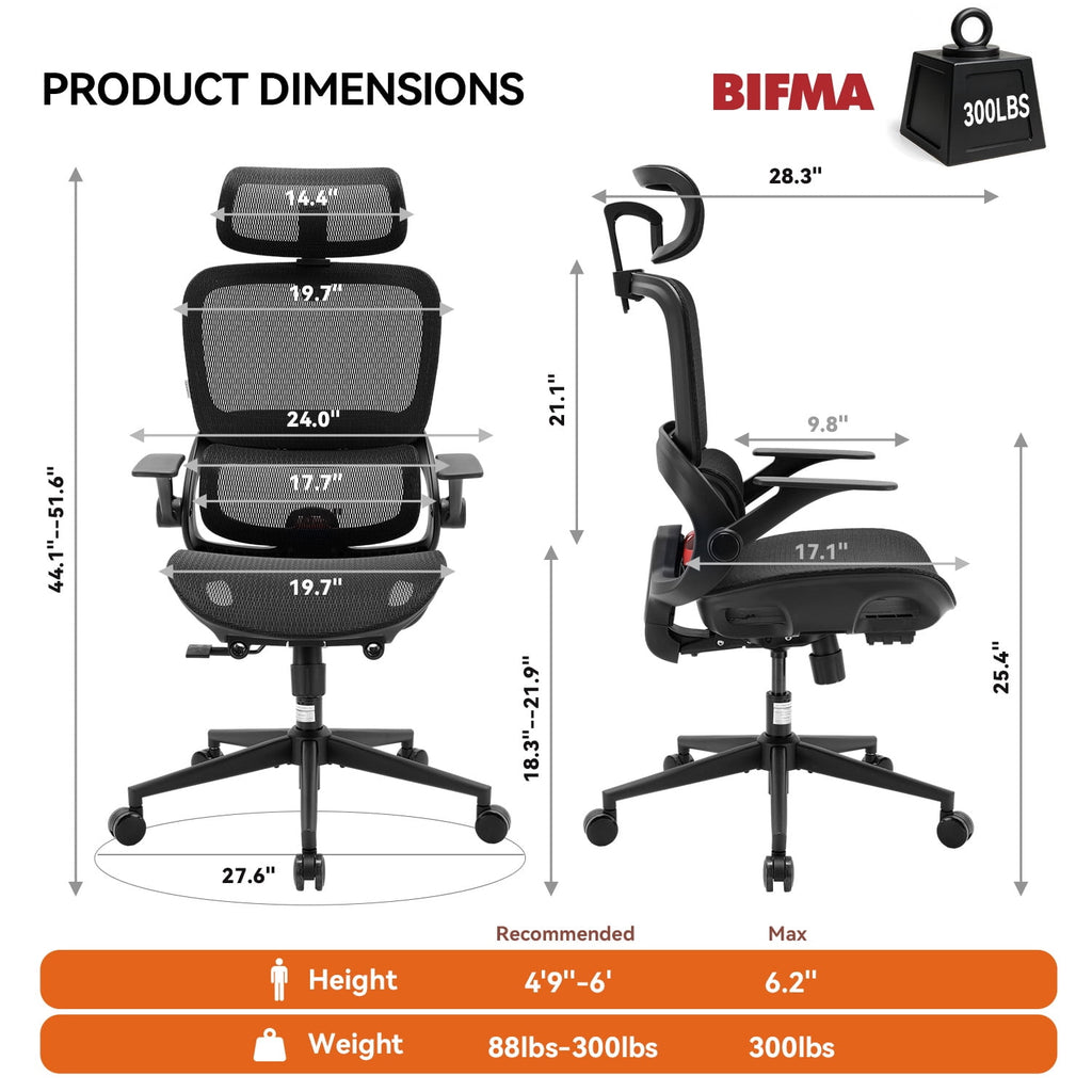 SIHOO B100 Ergonomic Office Chair, Task Chair with Zoned Back Support, 2D Wide Headrest Study Chair for Teenager, High Back Executive Chair for Home Office, White