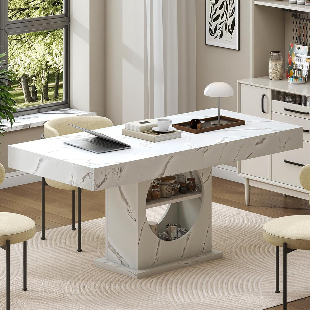 HAUXITIO 55 Inch Dining Table with LED Lights & 2 Drawers,Wooden Pedestal Base Table for 4-6 People,for Kitchen & Dining Room,White& Rustic Brown