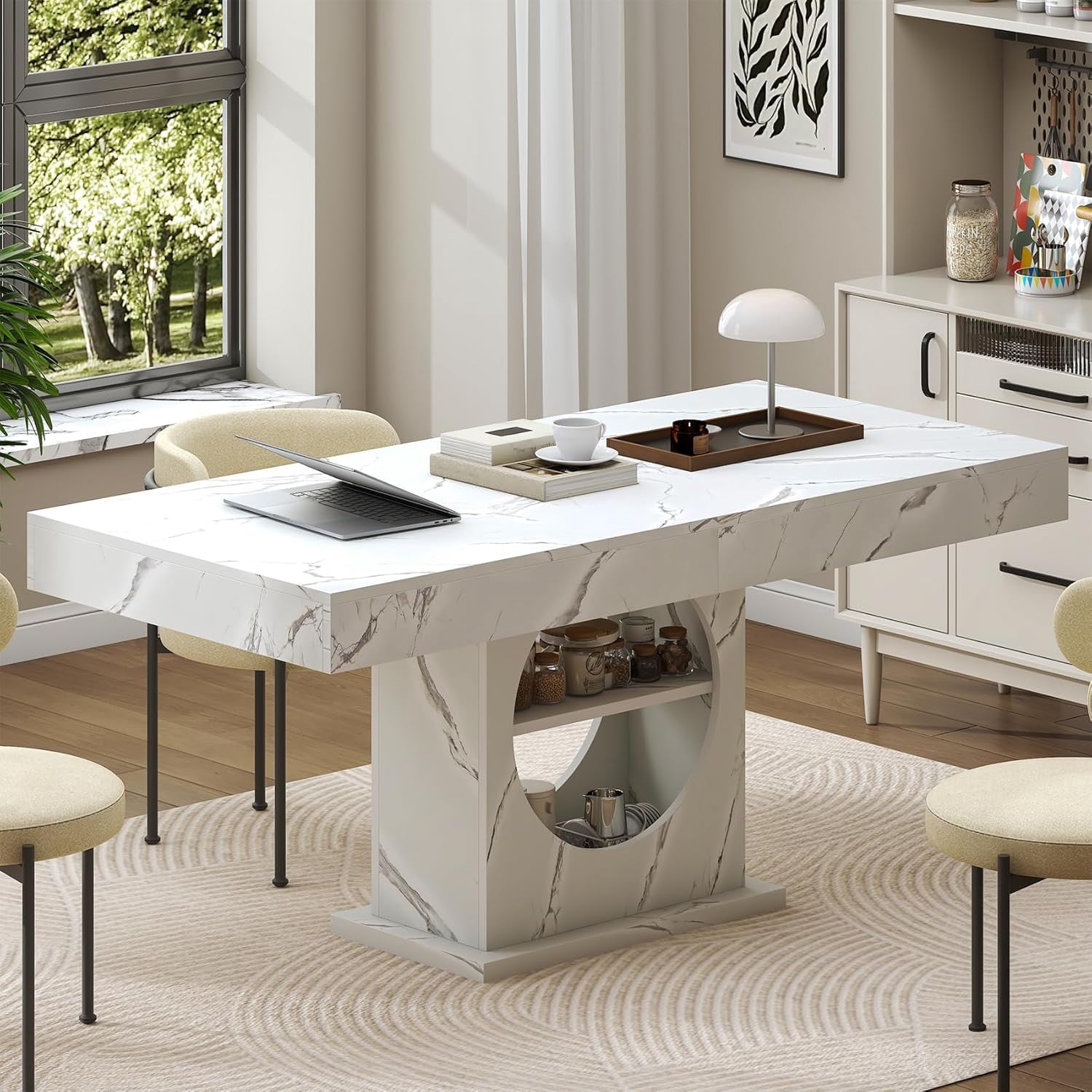 HAUXITIO 55 Inch Dining Table with LED Lights & 2 Drawers,Wooden Pedestal Base Table for 4-6 People,for Kitchen & Dining Room,White& Rustic Brown
