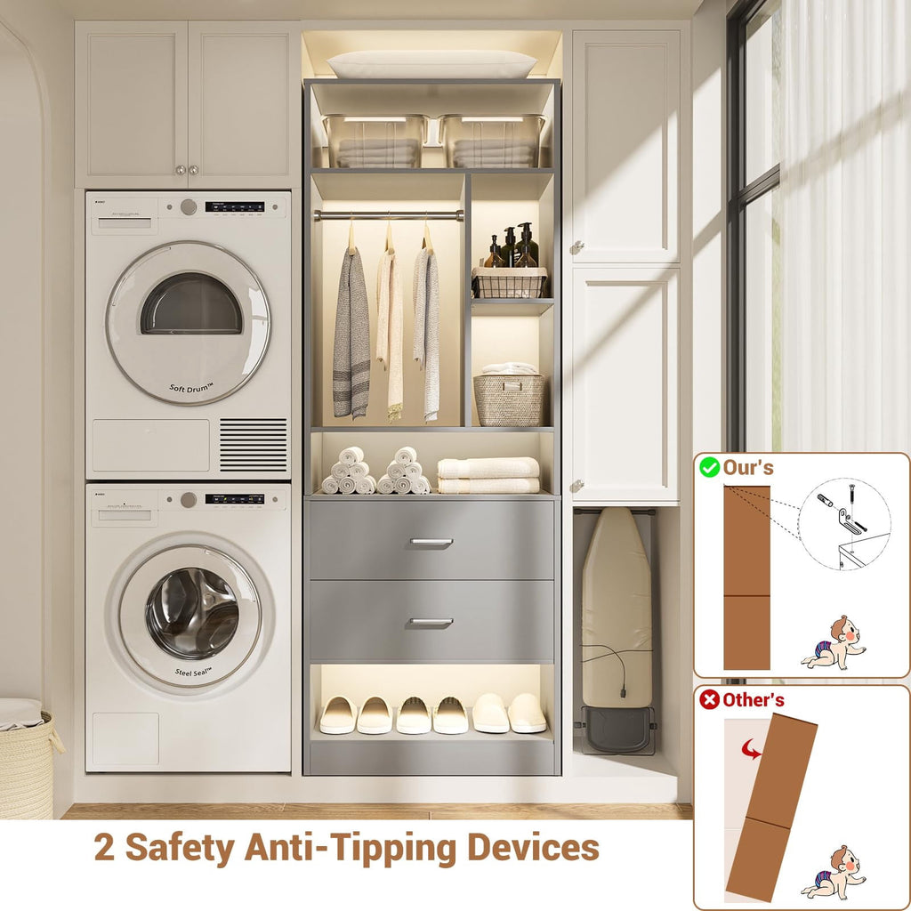 Homieasy Freestanding 24 Closet System with 2 Wood Drawers, 2FT Small Closet Organizer System with 6 Shelves & Hanging Rod, Walk-in Closet Systems for Small Closets, White