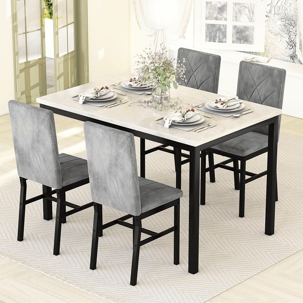 LinkRomat 5-Piece Faux Marble Dining Table Set for 4, Modern Kitchen Table with Chairs, Dinette Dining Room Furniture Set for Compact Space Saving