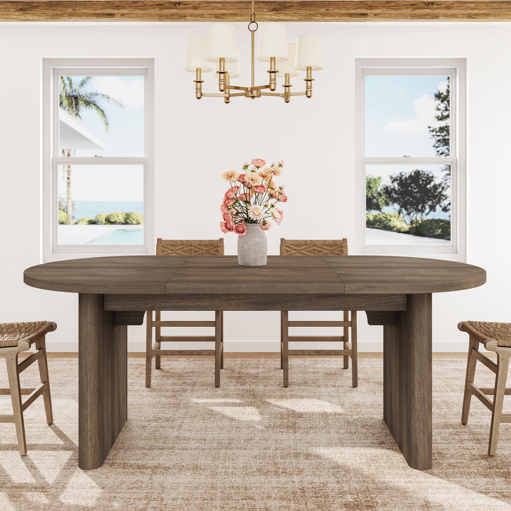 70.8 Inch Oval Farmhouse Dining Table for 6-8 People, Long Large Kitchen Table with Thick Sturdy Wooden Base-Natural