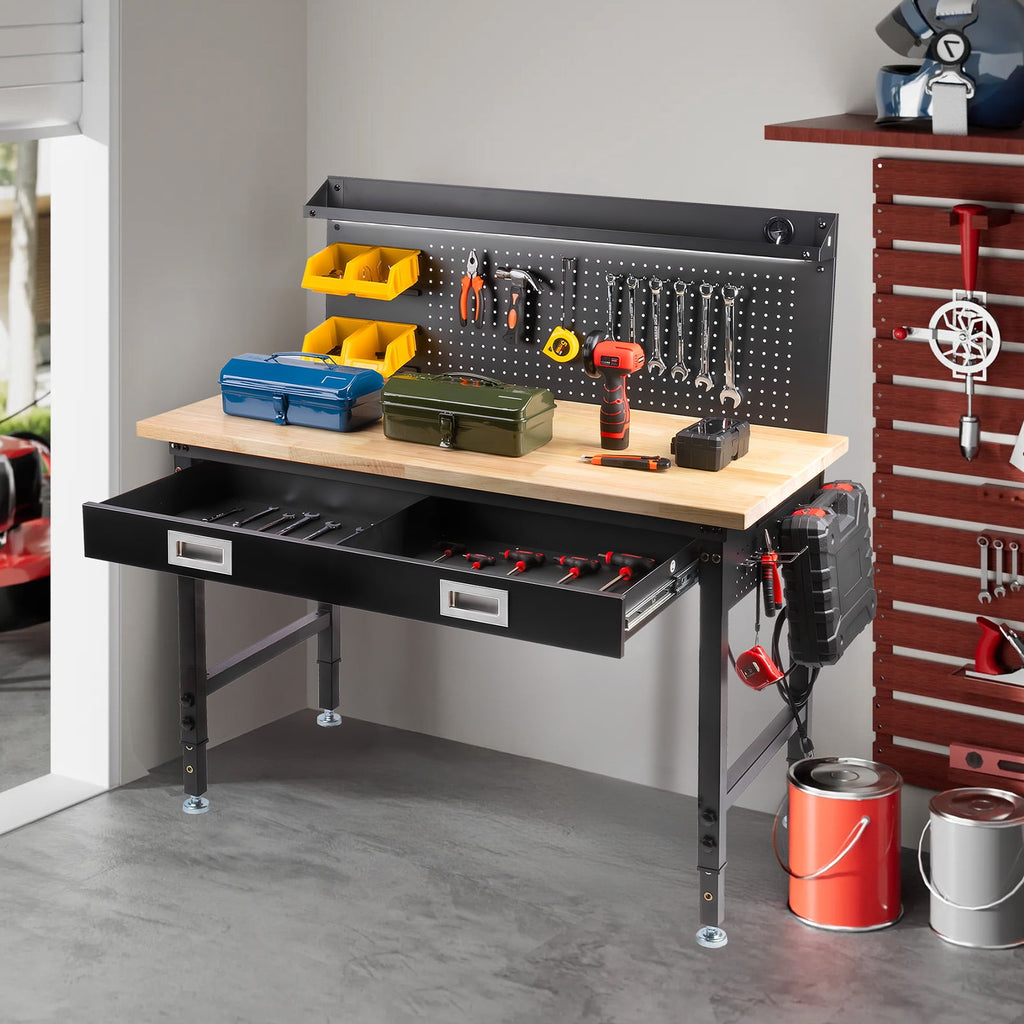 MUWOOD Multifunctional Workbench 60x22 with Pegboard Worktable w/ Power Outlets, LED, Work Bench For Garage max. 1500W Heavy Duty Workbench 2000lbs Weight Capacity
