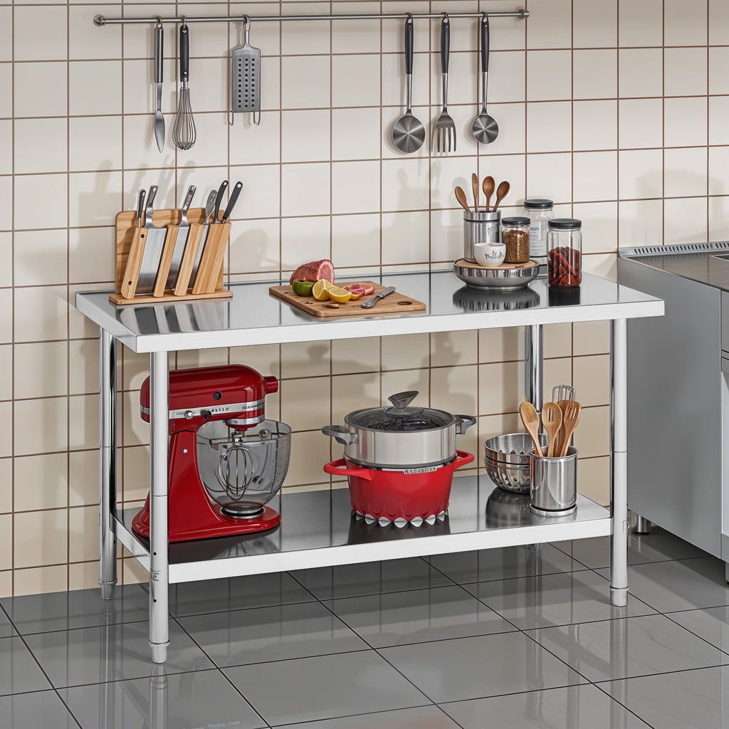 ModFusion 60x24 Heavy-Duty Stainless Steel Workbench with Adjustable Kitchen Rack, 5'x2'x2.8' ft Metal Prep Detailing Table, Home Steel Shelving, Utility Tools