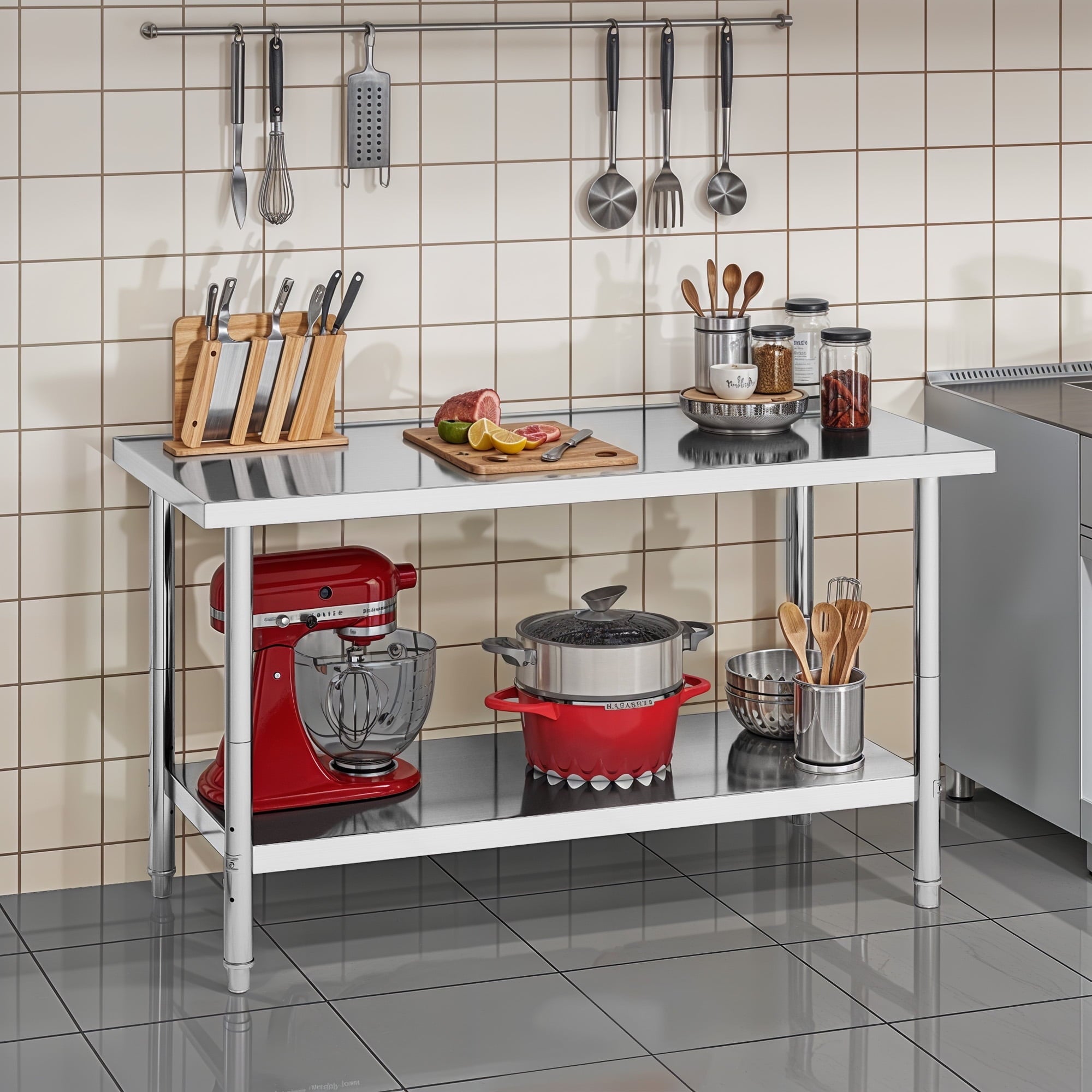 ModFusion 60x24 Heavy-Duty Stainless Steel Workbench with Adjustable Kitchen Rack, 5'x2'x2.8' ft Metal Prep Detailing Table, Home Steel Shelving, Utility Tools