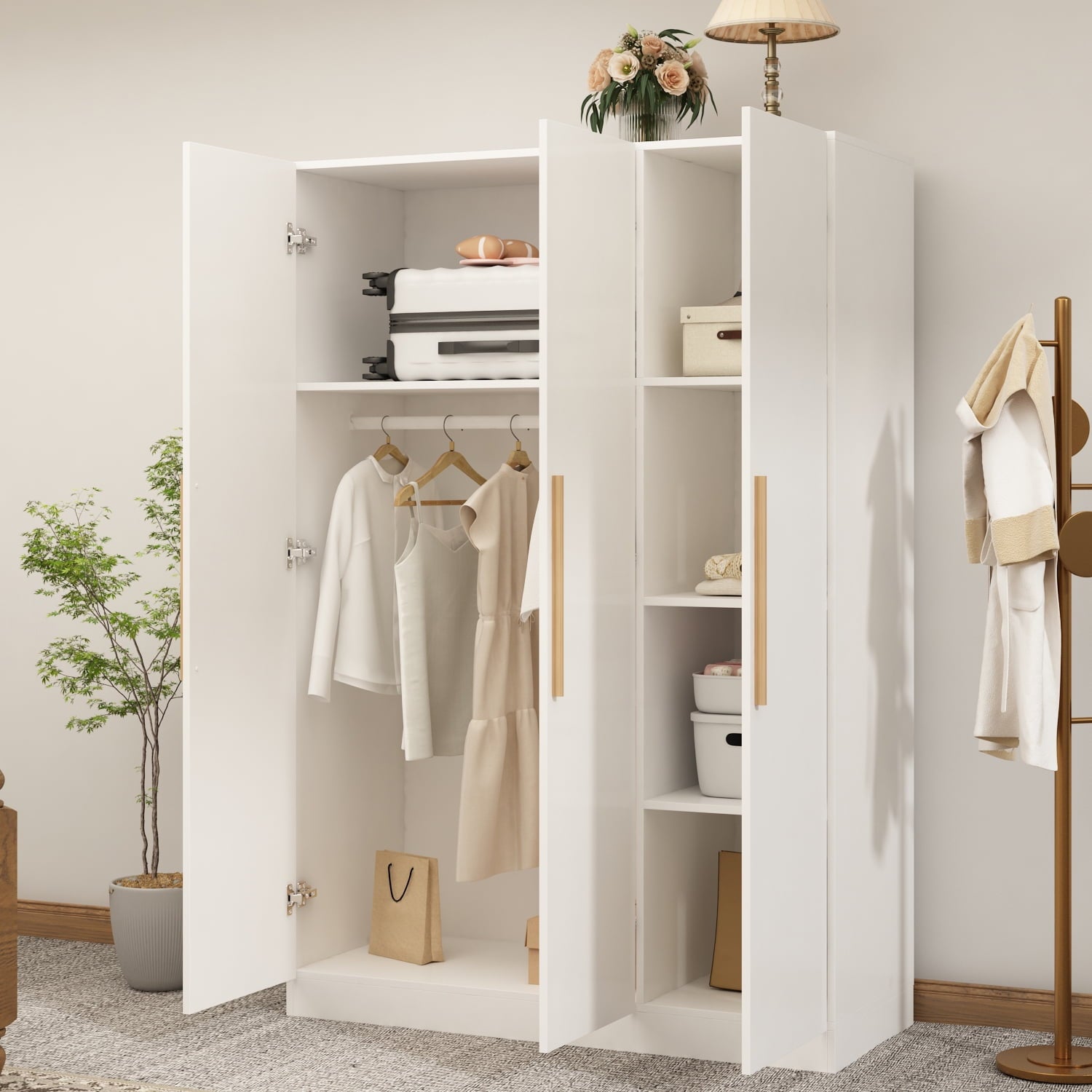 OxyLife 2 Door Wardrobe Armoire, White Closet Storage Organizer with Drawers and Shelves