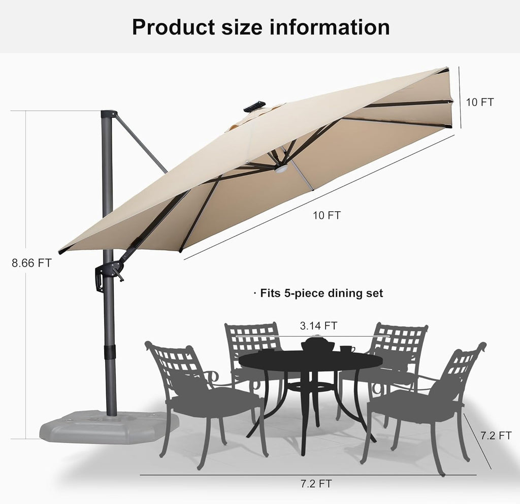 PURPLE LEAF 10x10 Ft Cantilever Umbrella Square Outdoor Patio Umbrella Large Offset Hanging Umbrella Aluminum Umbrella with 360°Rotation Adjustable Garden Pool Umbrella,Gray