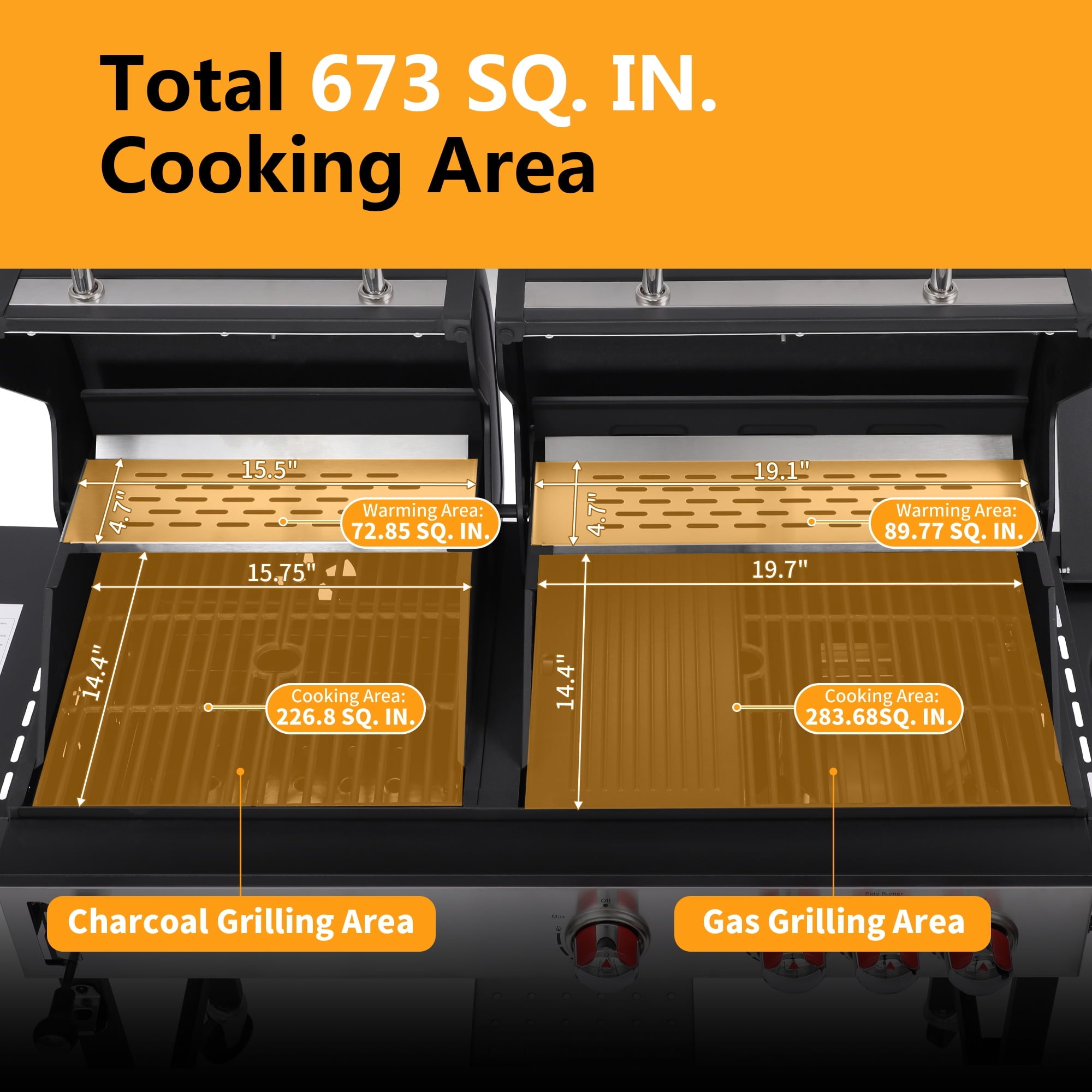 3 Burner Gas & Charcoal Combo Grill with Side Burner, Outdoor BBQ Propane Grill, 673 Sq. In. Cast Iron Grates & Reversible Griddle, 37200 BTU Stainless Steel Lid for Backyard Cooking