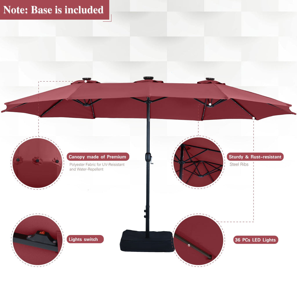 Alpha Joy 15ft Extra Large Outdoor Patio Double-Sided Umbrella with LED Solar Lights & Umbrella Base, Beige