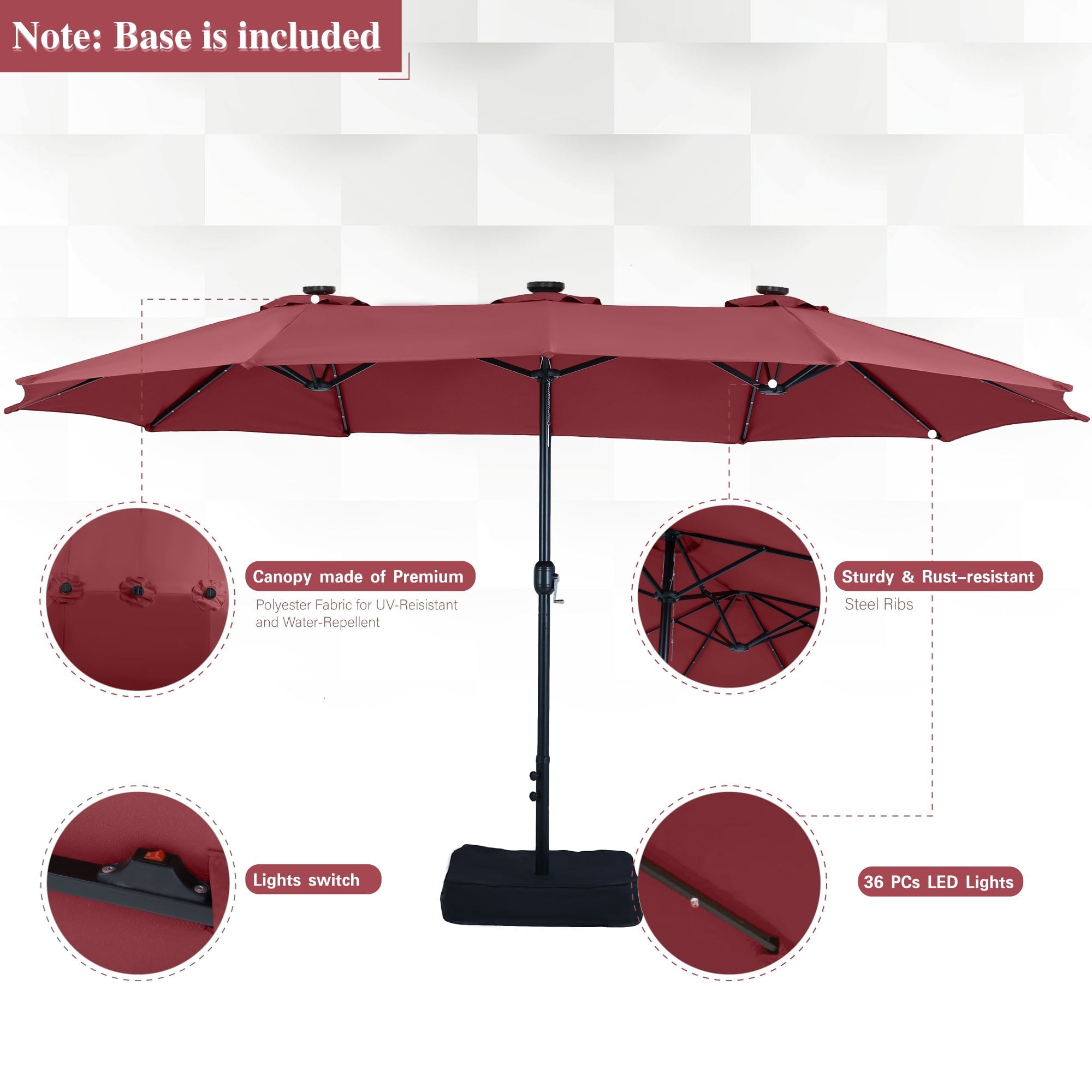 Alpha Joy 15ft Extra Large Outdoor Patio Double-Sided Umbrella with LED Solar Lights & Umbrella Base, Beige