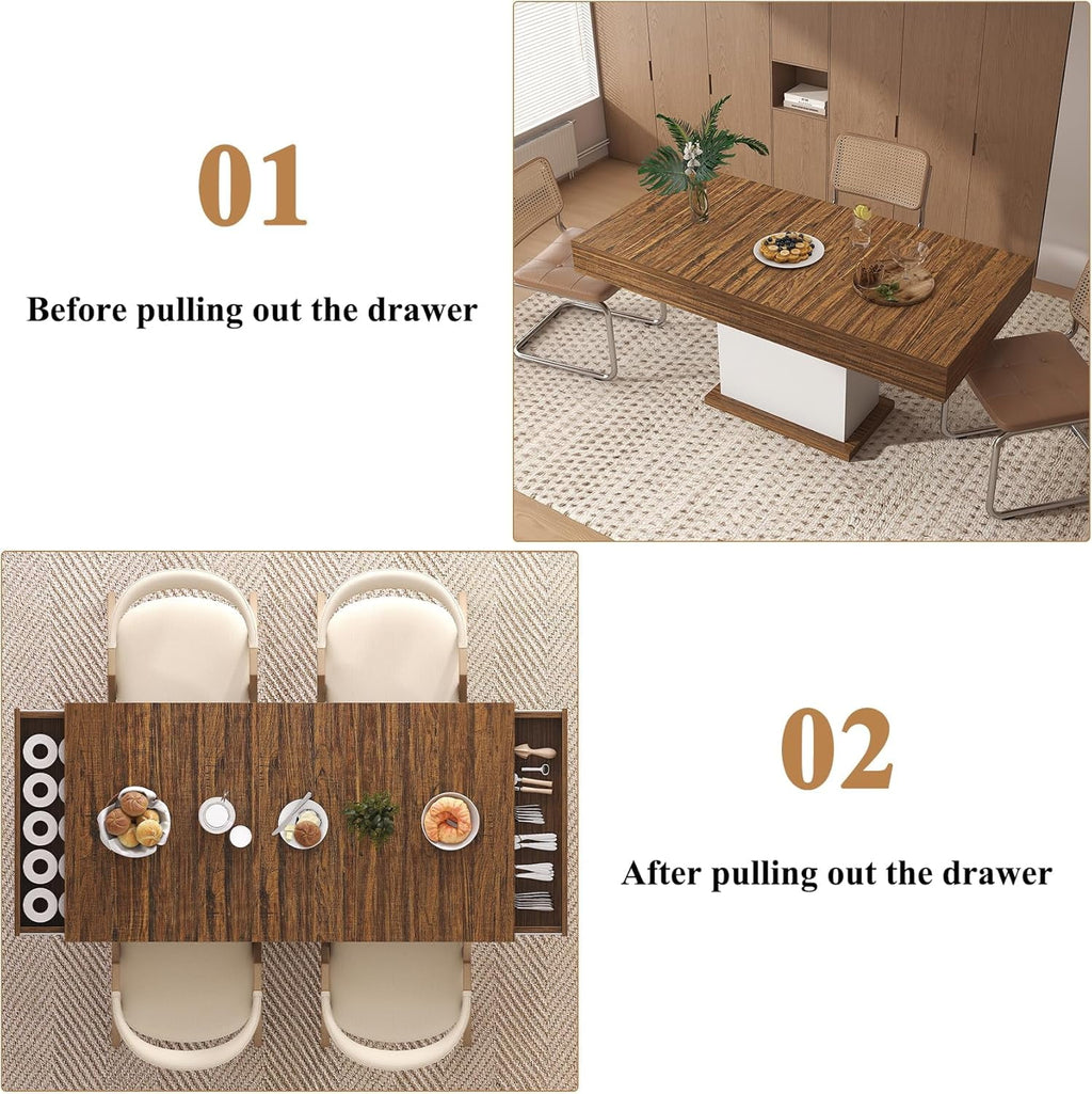 HAUXITIO 55 Inch Dining Table with LED Lights & 2 Drawers,Wooden Pedestal Base Table for 4-6 People,for Kitchen & Dining Room,White& Rustic Brown