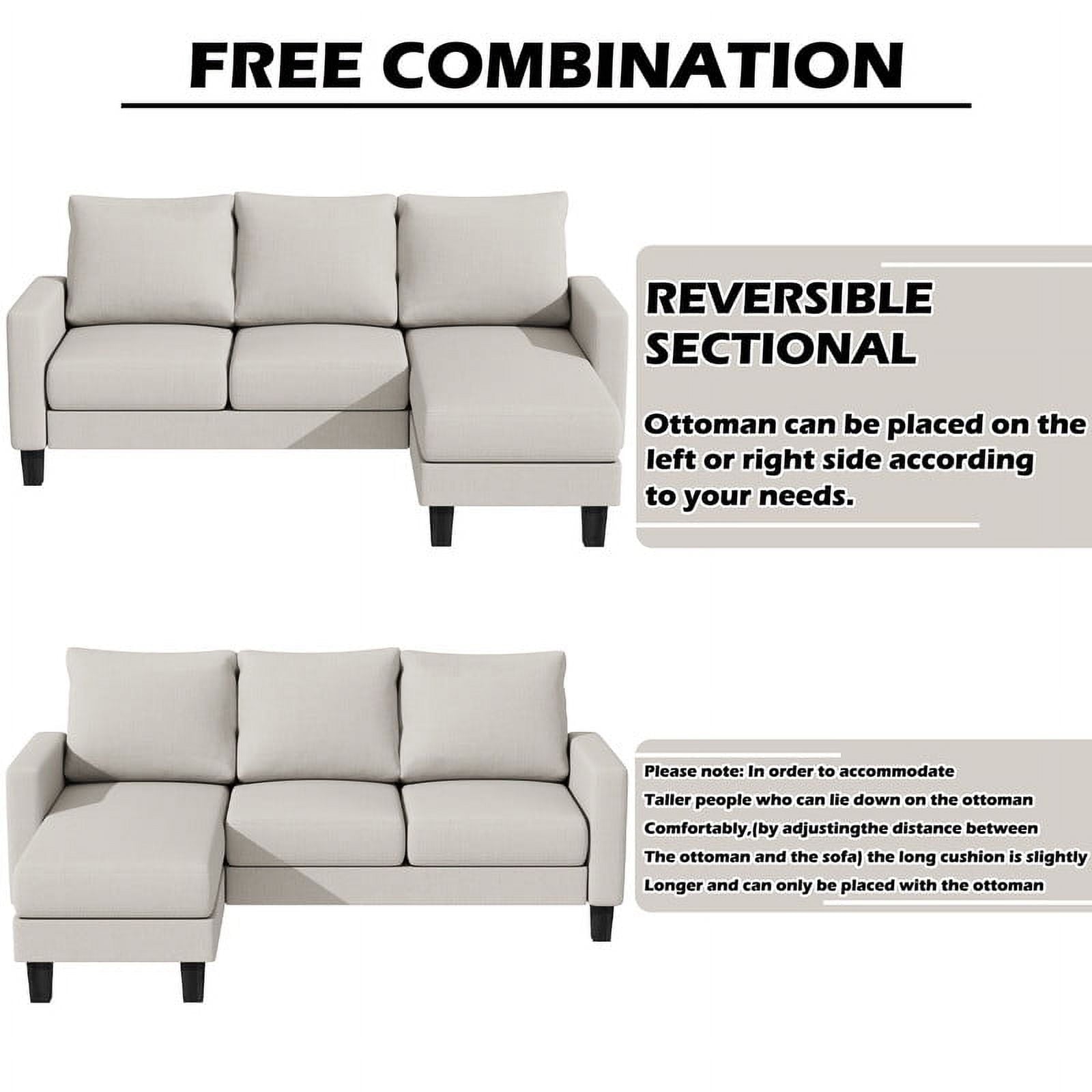Homall Convertible Sectional Sofa Couch, Modern Linen Fabric L-Shaped Couch 3-Seat Sofa Sectional with Reversible Chaise for Small Living Room, Apartment and Small Space, Light Gray