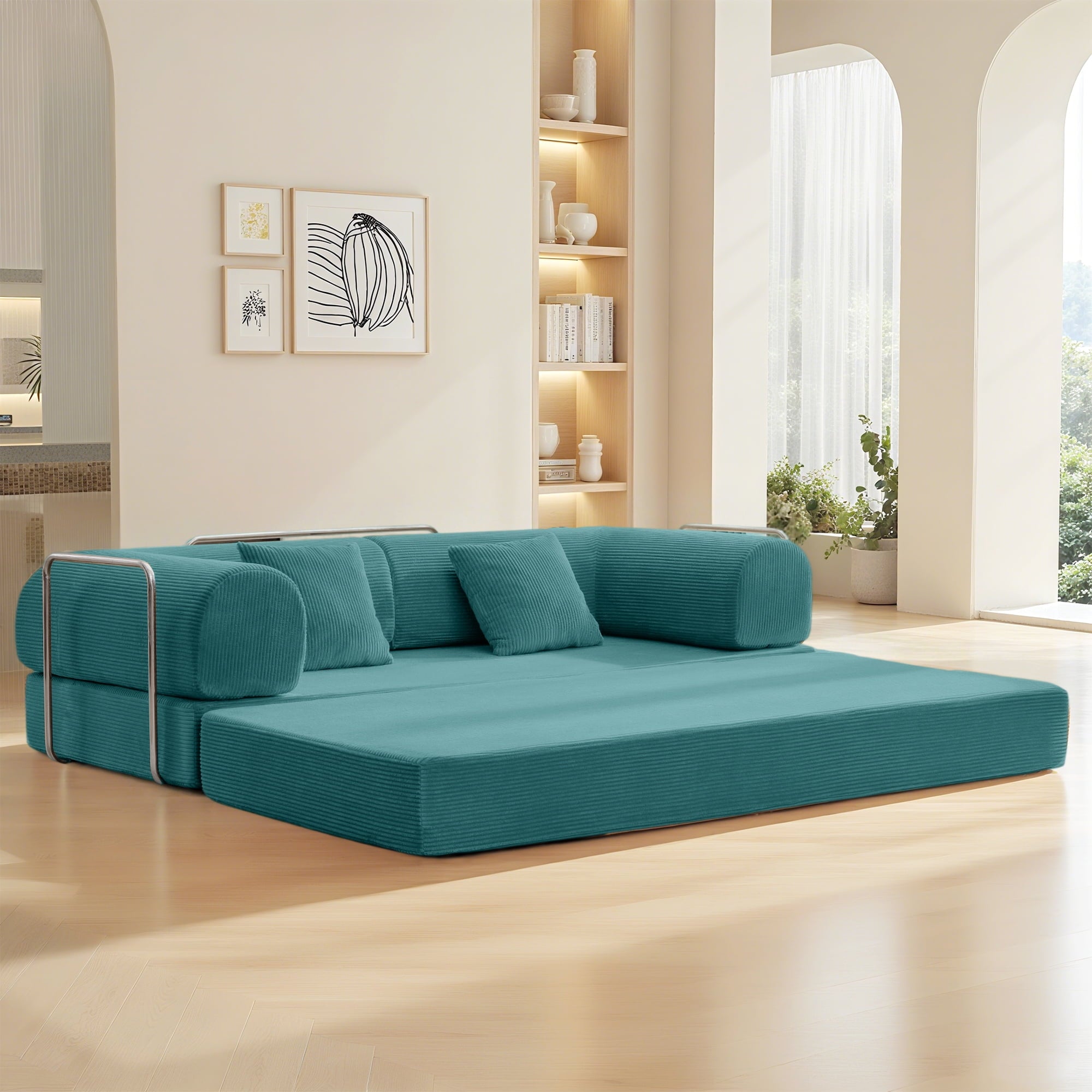 COOLHUT 63 W Combination Sofa, High Rebound Density Foam Sofa Couch, Two Forms Floor Couch Three Seats Sofa Bed for Living Room, Bedroom, Green