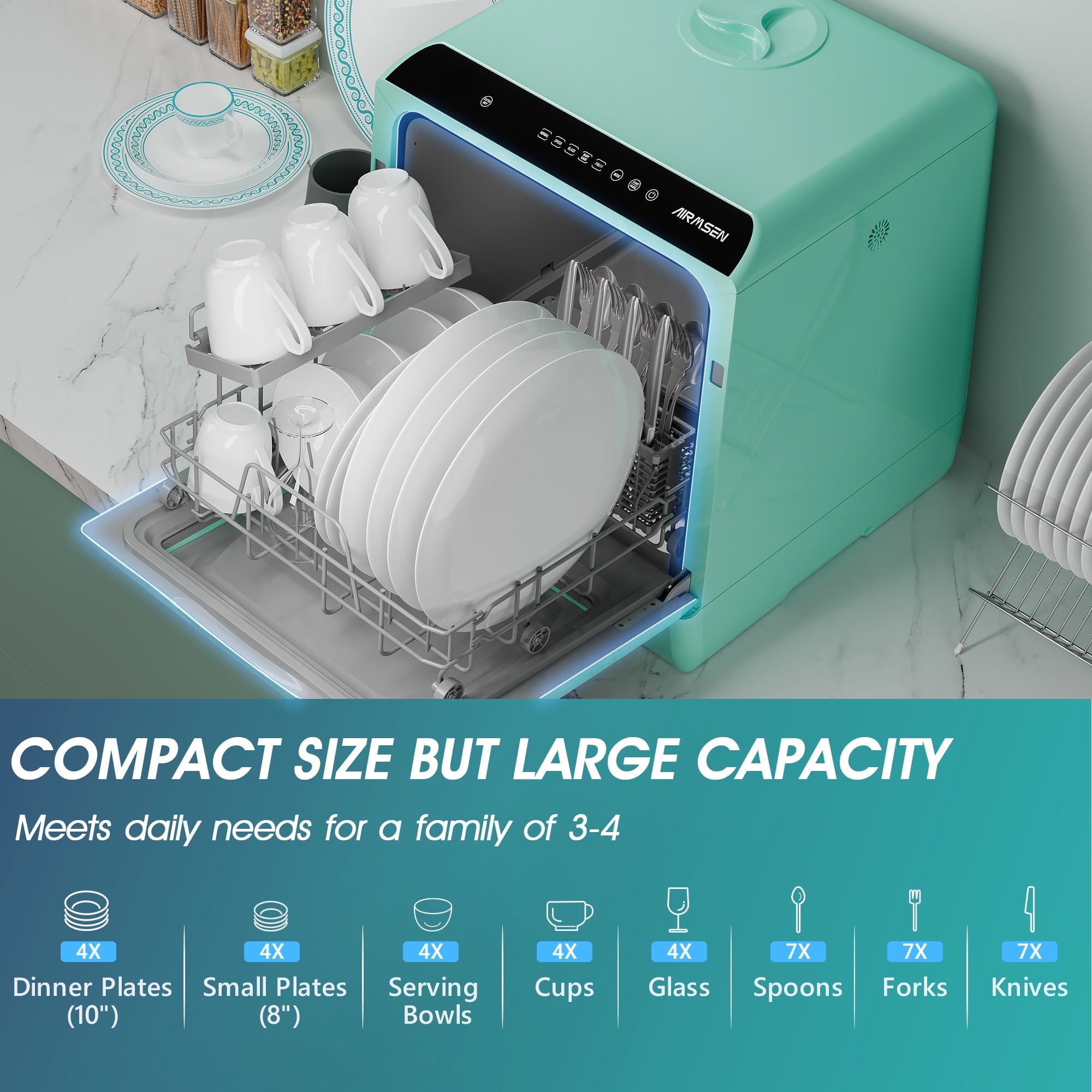 AIRMSEN Portable Countertop Dishwasher with 5-Liter Built-in Water Tank and Air-Dry Function, 5 Washing Programs Mini Dishwasher, AE-TDQR03