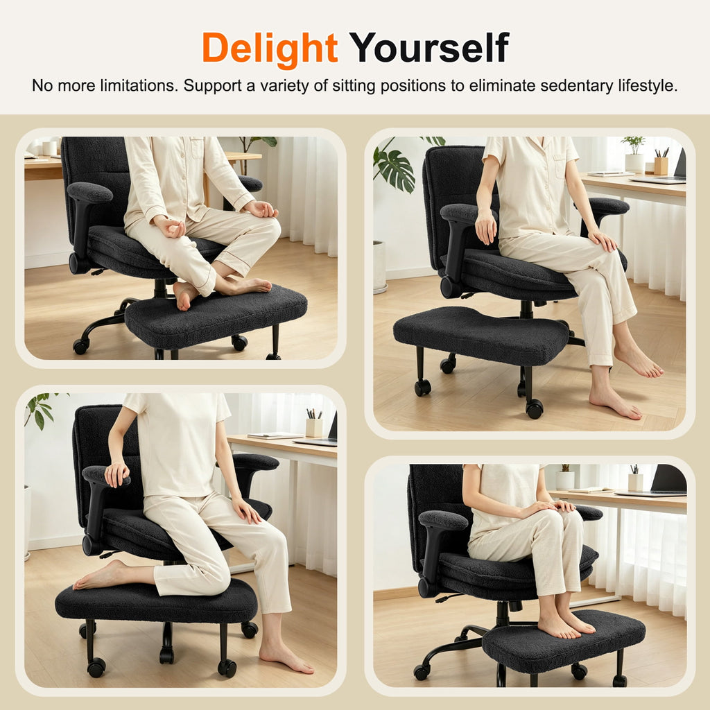Cross Legged Office Chair with Flip-up Armrests for ADHD, Extra Wide Seat Criss Cross Desk Chair with Stretchable Footrest & Wheels for Adults, Ergonomic Meditation Chair for Home Office Black