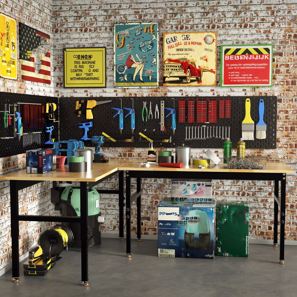 Joywind 60 Heavy-Duty Adjustable Workbench with Locking Wheels, Power Strip & Pegboard – Rubber Wood Work Table for Garage, Workshop, Home Office