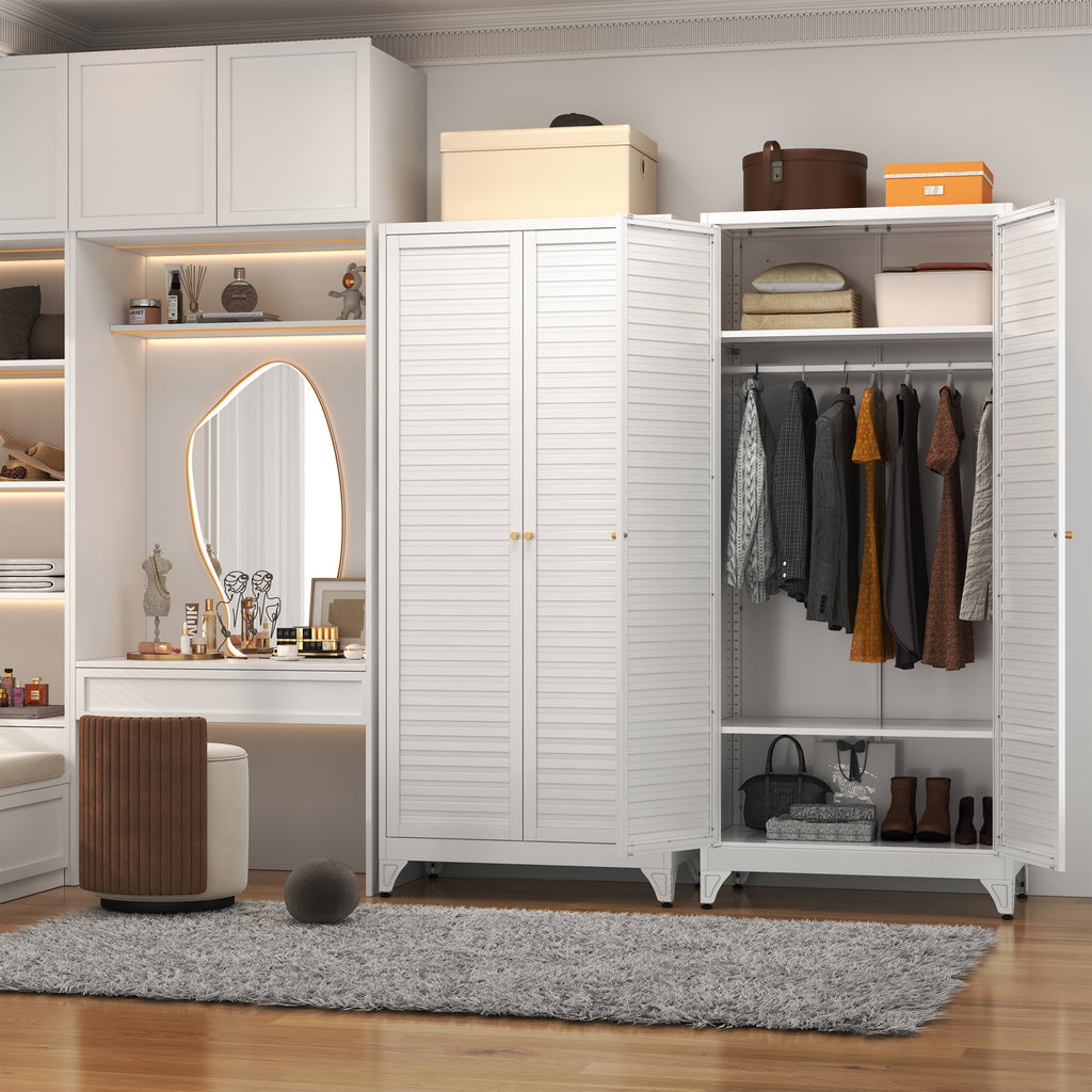Polup 71 H Modern Metal Sturdy Armoire Cabinet with Shelves and Hanging Rod, Adult Bedroom Wardrobe Closet with Doors