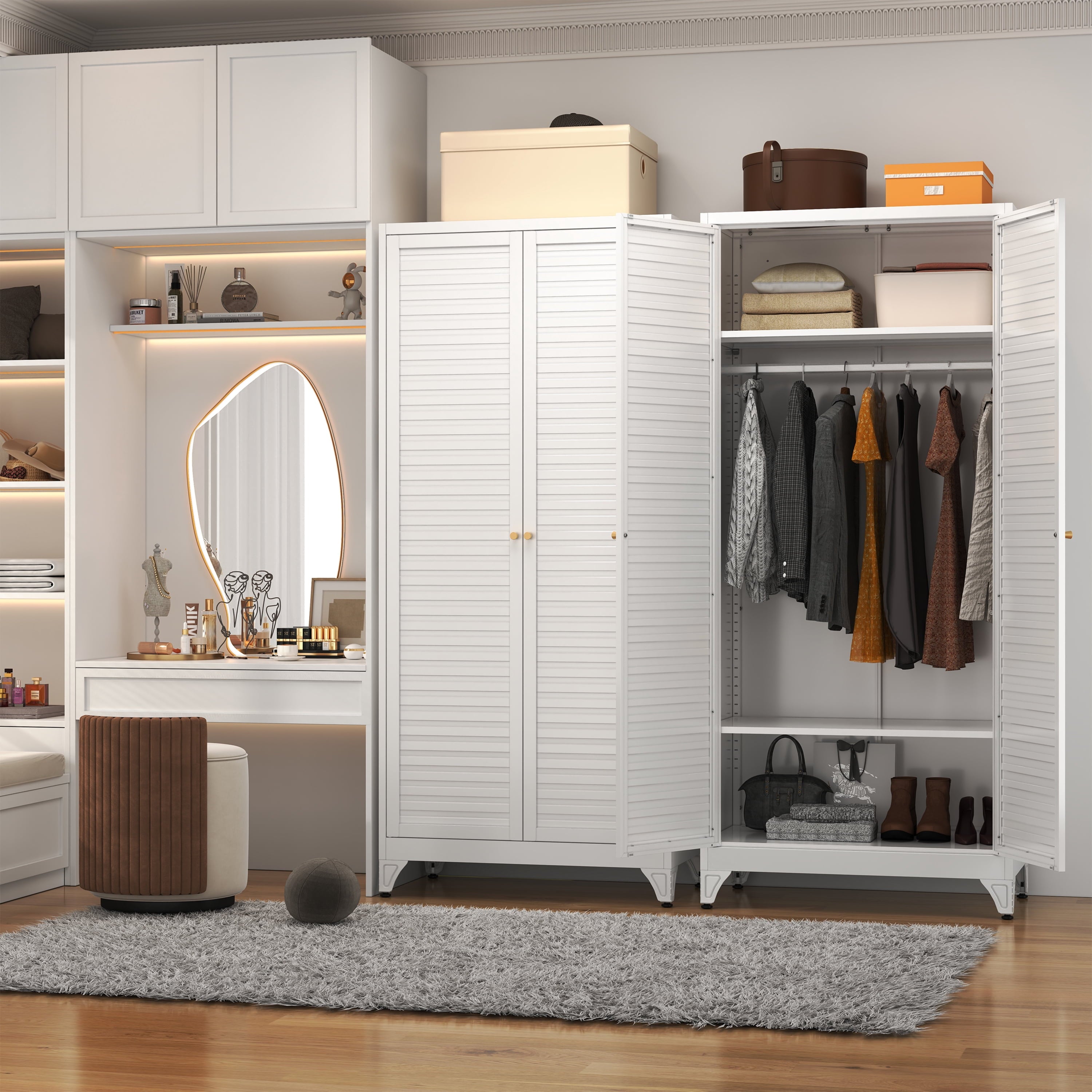 Polup 71 H Modern Metal Sturdy Armoire Cabinet with Shelves and Hanging Rod, Adult Bedroom Wardrobe Closet with Doors