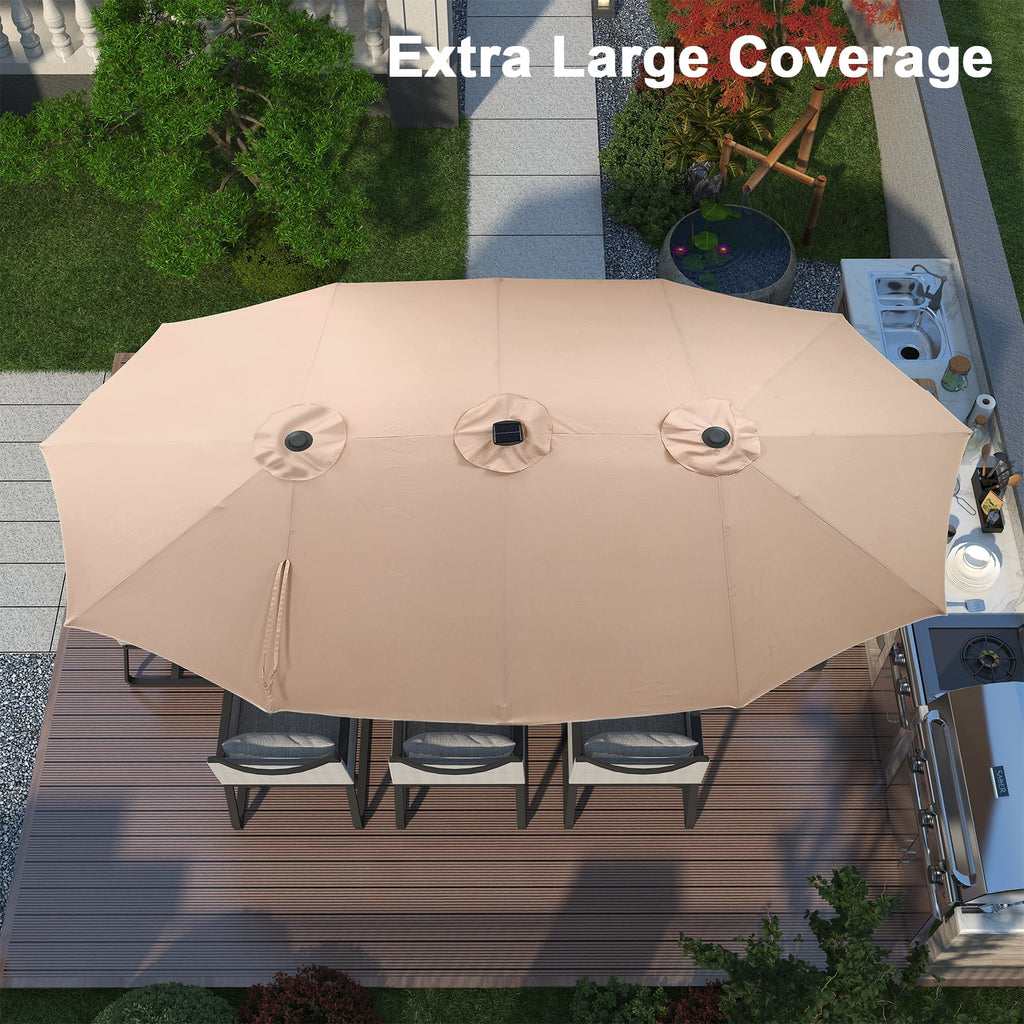 Ainfox 15ft Large Patio Umbrella with Solar Lights, Double-Sided Outdoor Rectangle Table Umbrellas with Sand Bag Base，Beige