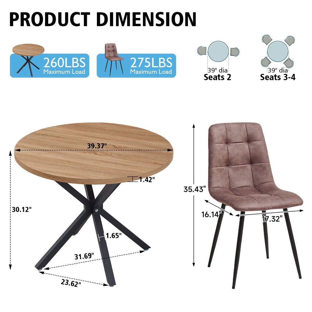 5 Piece 39 Round Dining Table Set for 4, Mid Century Kitchen Table with 4 Khaki Fabric Upholstered Dining Chairs for Apartment Living Room, Space Saving Table.