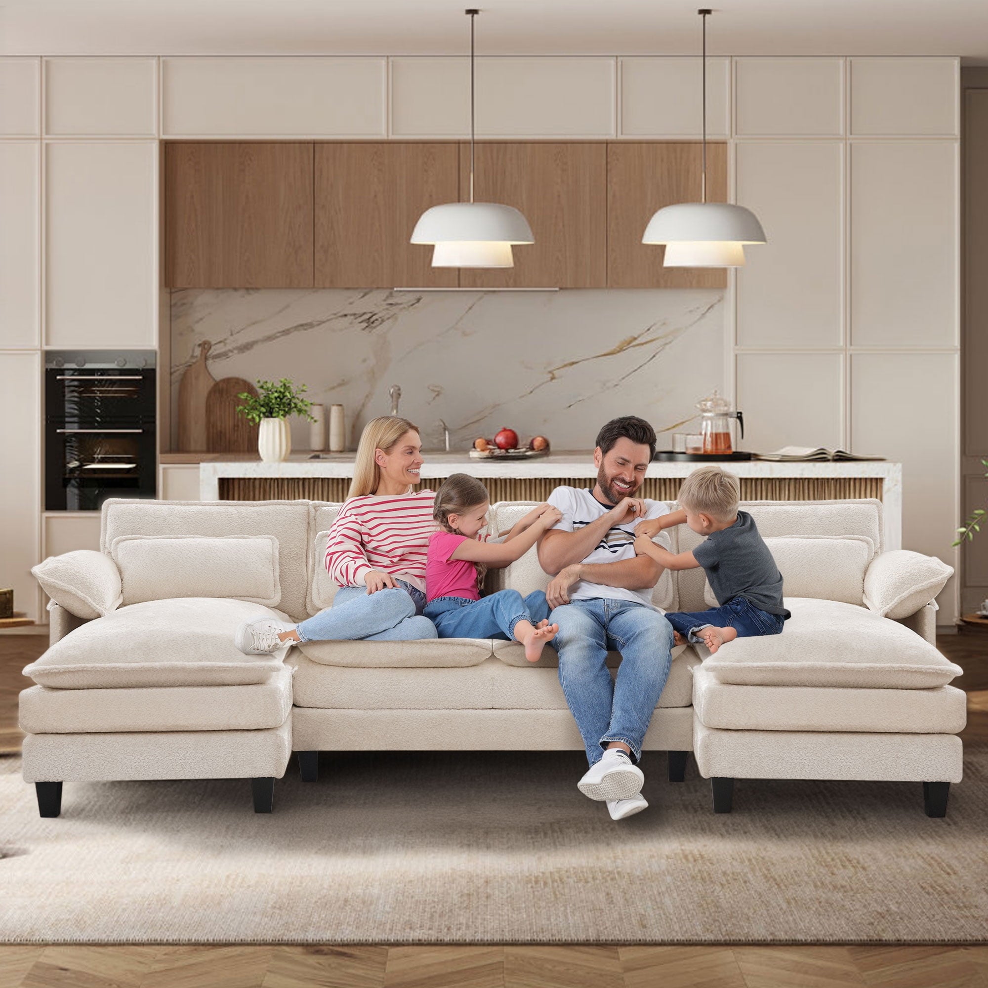 JONPONY109.45 U Shaped Couch,Oversized 4 Seat Sectional with 4 Waist Pillows, Convertible Upholstery Symmetrical Sofá,Sleeper Sofa Couch with Double Chaise Lounge &Memory Foam for Living Room, Beige