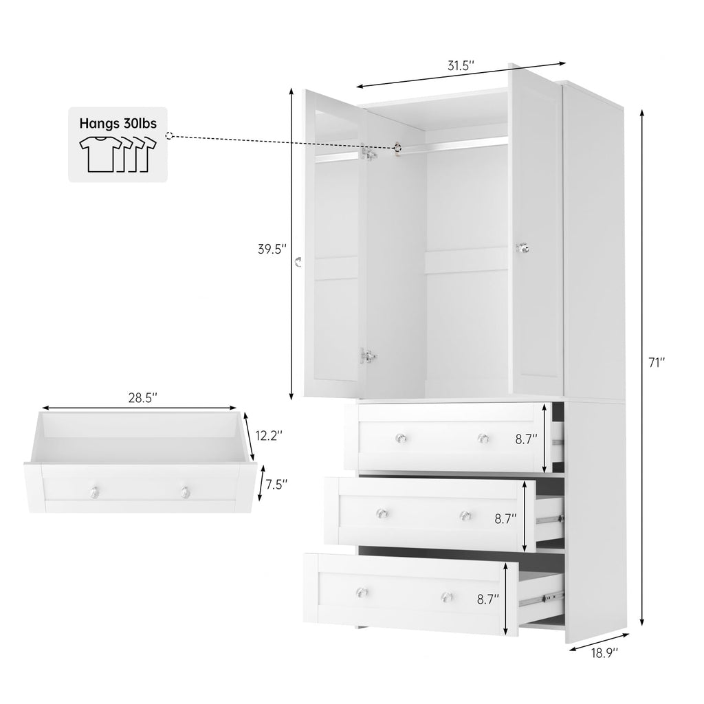 Richya Wooden Freestanding Wardrobe Closet Cabinet with 3 Drawers,Modern Wood Closet Storage Cabinet for Bedroom