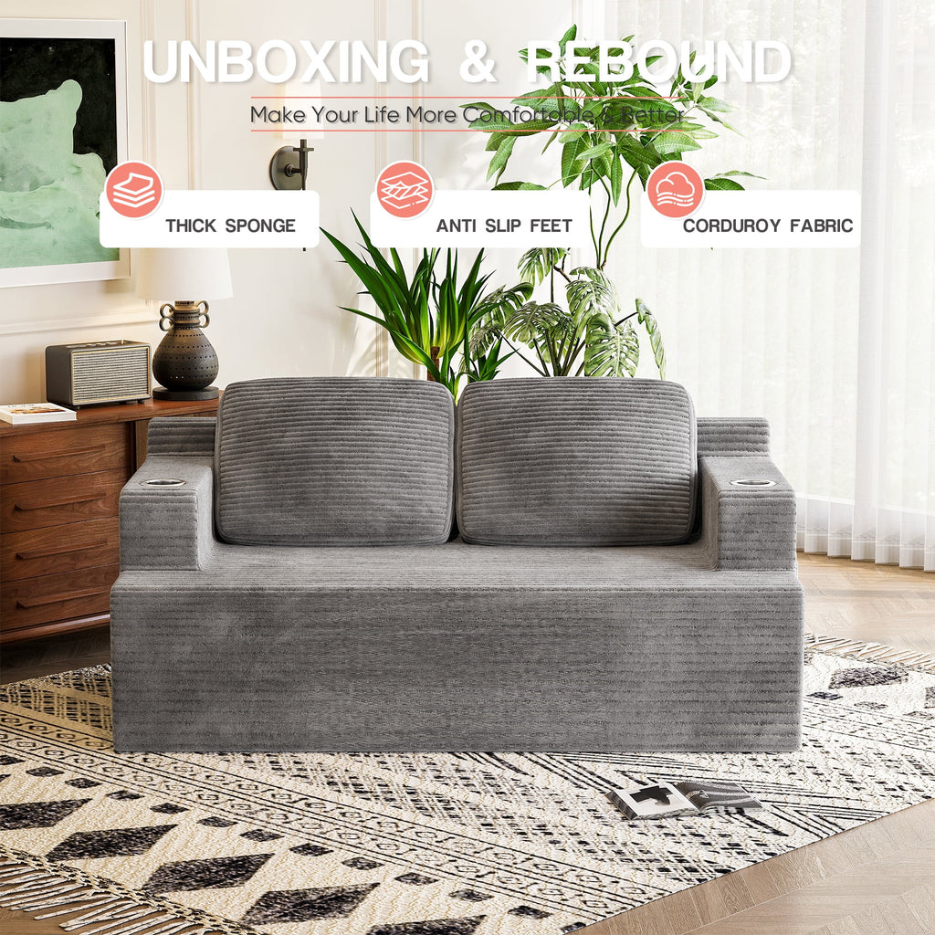 Homall Cloud Boneless Corduroy Sofa Loveseat Double-seater Couch Lounge Floor Chair for Bedroom,Gray