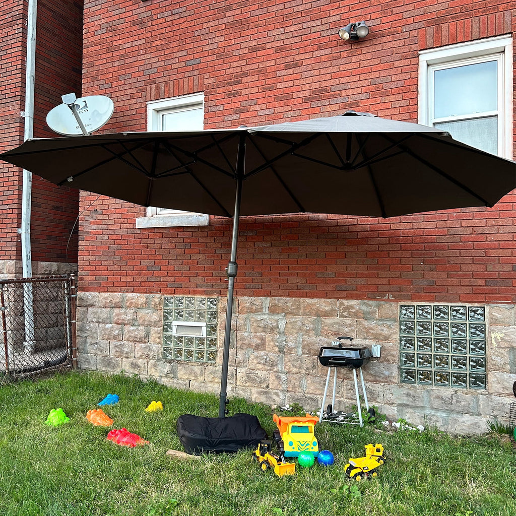Outsunny Patio Umbrella 15' Steel Rectangular Outdoor Double Sided Market with base, Sun Protection & Easy Crank for Deck Pool Patio, Beige