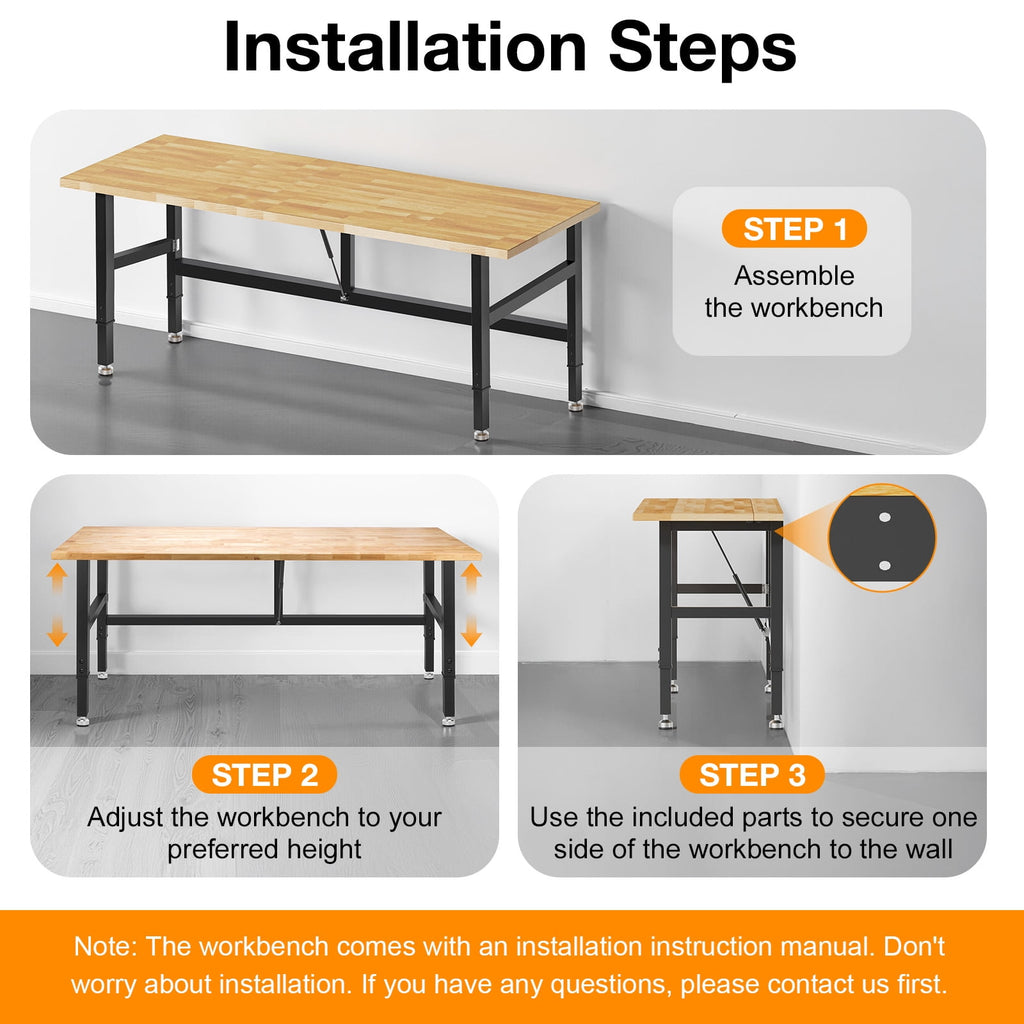 MUWOOD 48-inch Folding Workbench with Adjustable Height, Wood Worktop, Rubberwood, 2000 LBS Capacity Heavy Duty for Workshop, Garage, Office, Home