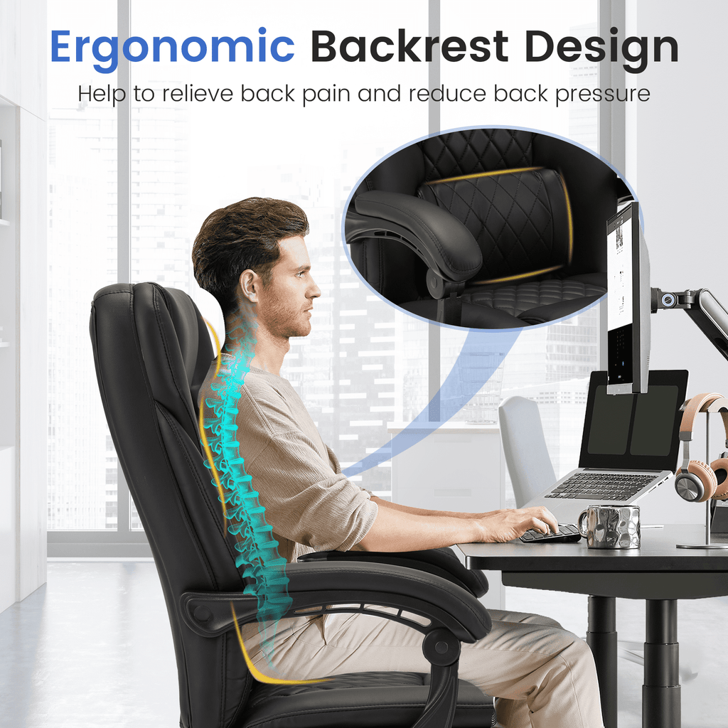 HOMREST Ergonomic Office Chair with 6-Point Massage & Heating, Adjustable Executive Desk Chair with Retractable Footrest, PU Leather Home Office Desk Chair for Home & Office (Black)