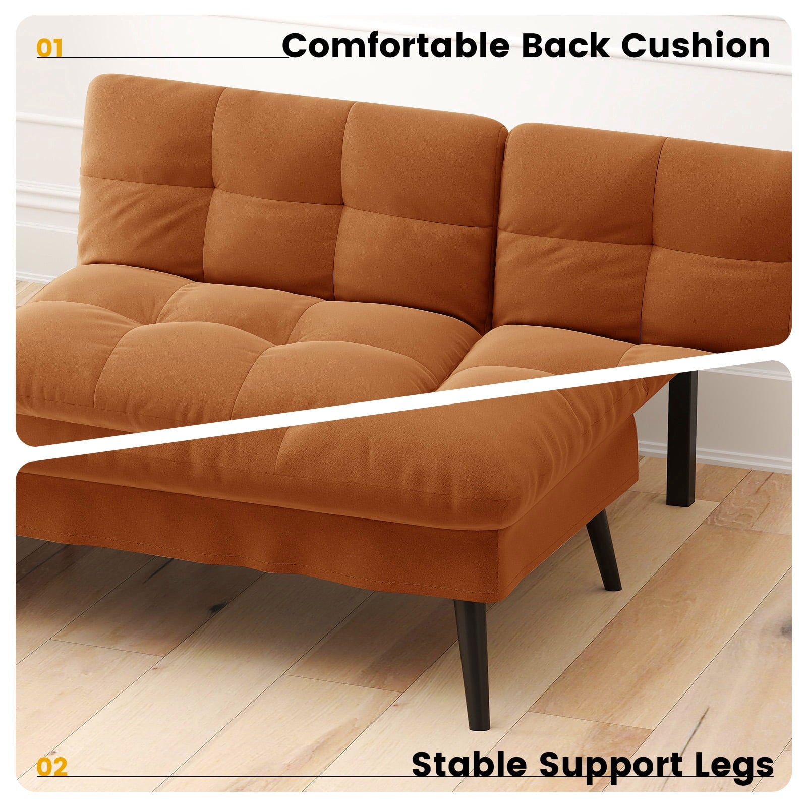 CloudRest Pro 72 Modern Convertible Futon Sofa Bed, Upholstered Futon Couch with 5 Adjustable Backrest Angles,Suitable for Apartment,Living Room,Black