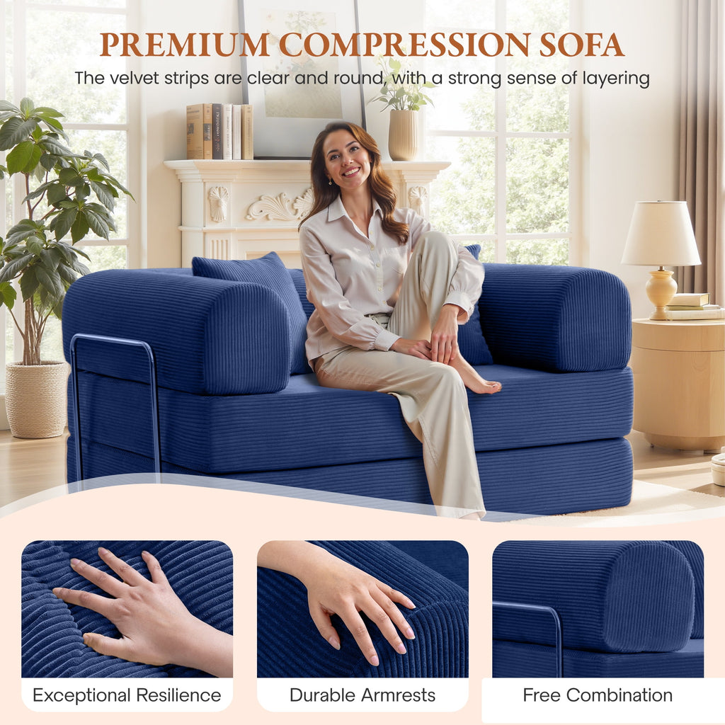 COOLHUT 63 W Combination Sofa, High Rebound Density Foam Sofa Couch, Two Forms Floor Couch Three Seats Sofa Bed for Living Room, Bedroom, Green